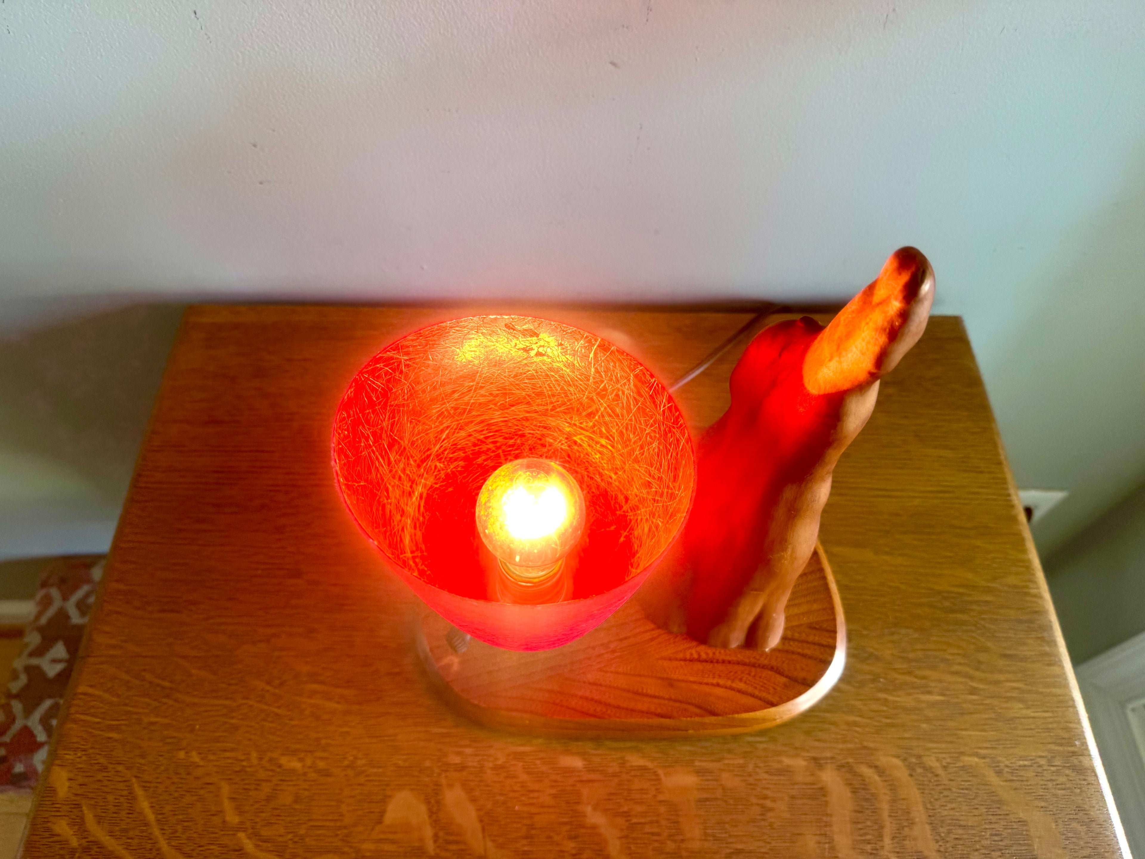 Vtg Cyprus Knee and Fiberglass Shade Lamp | MCM Cyprus Wood Knee Lamp with Fiberglass Coned Shade