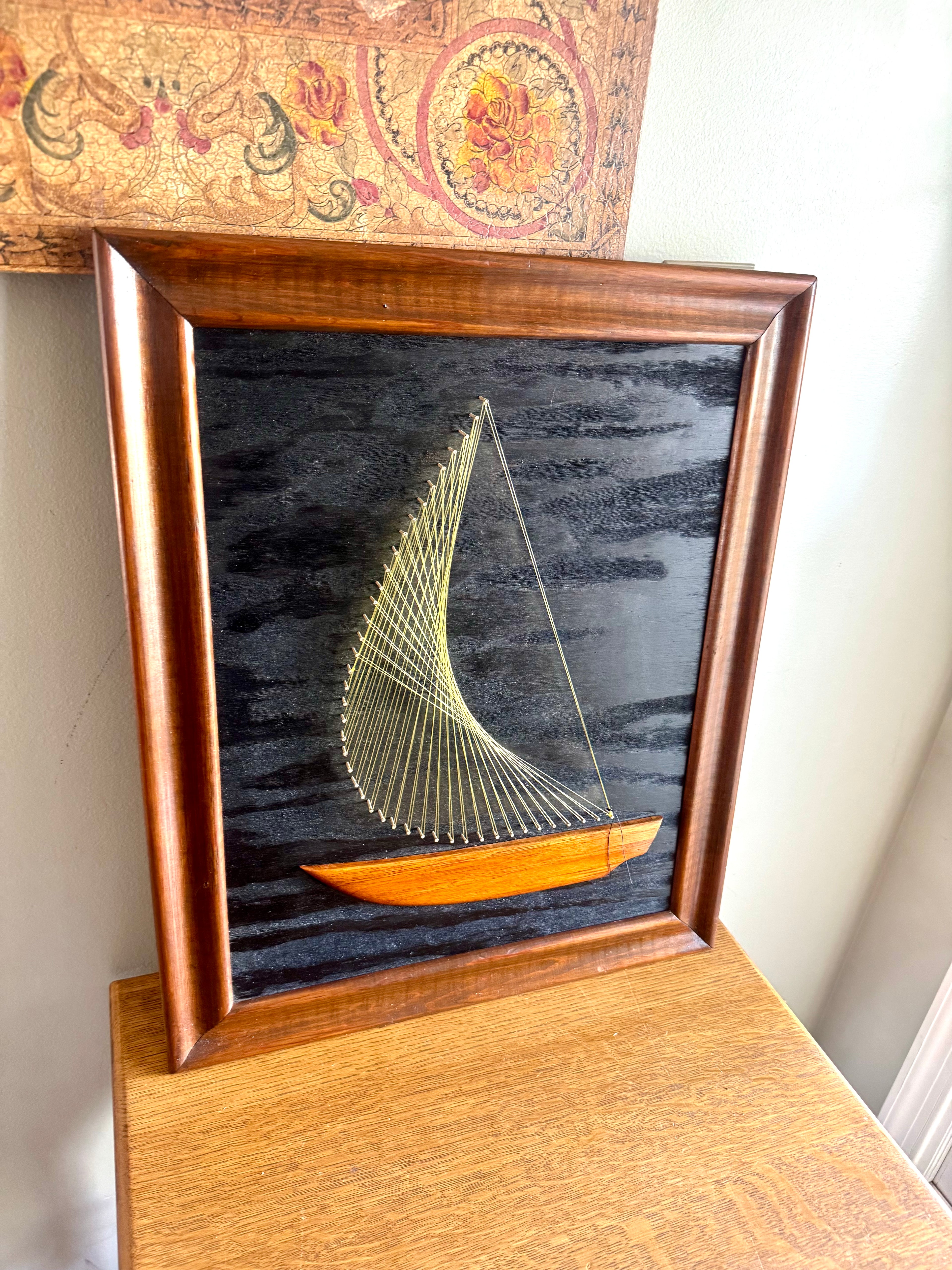 Vtg MCM Sailboat String Art | Framed 3D String Art Sailboat