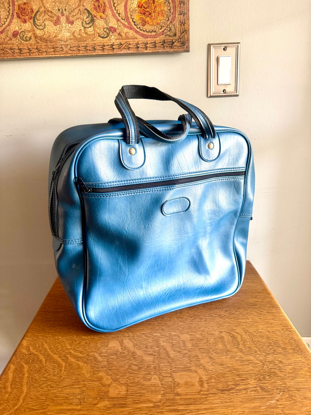 Vtg 60's Blue Vinyl Tennis Bag with Racket Storage