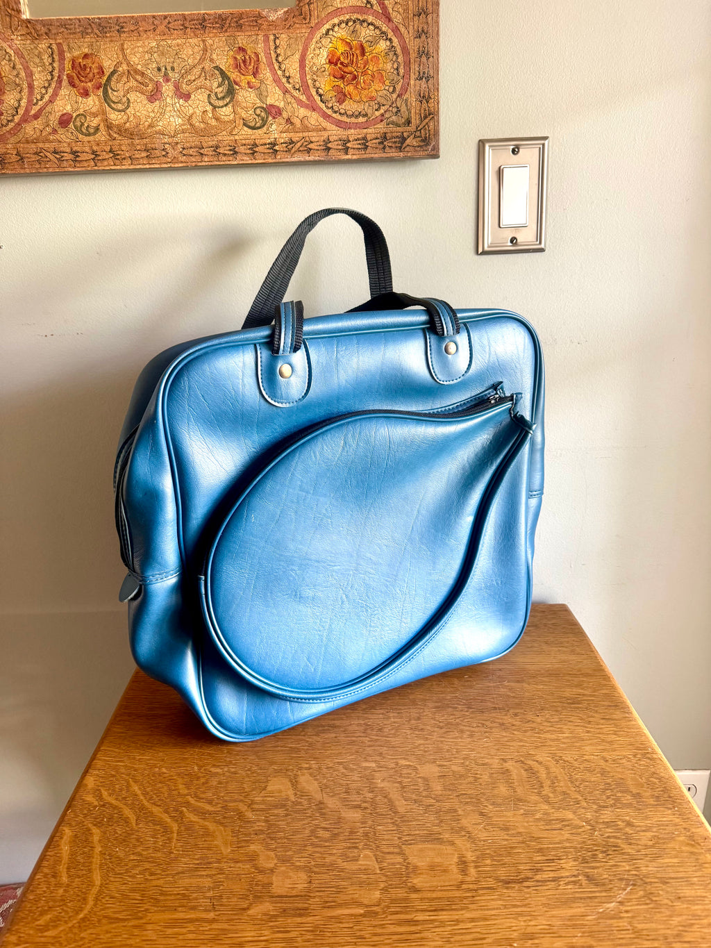 Vtg 60's Blue Vinyl Tennis Bag with Racket Storage