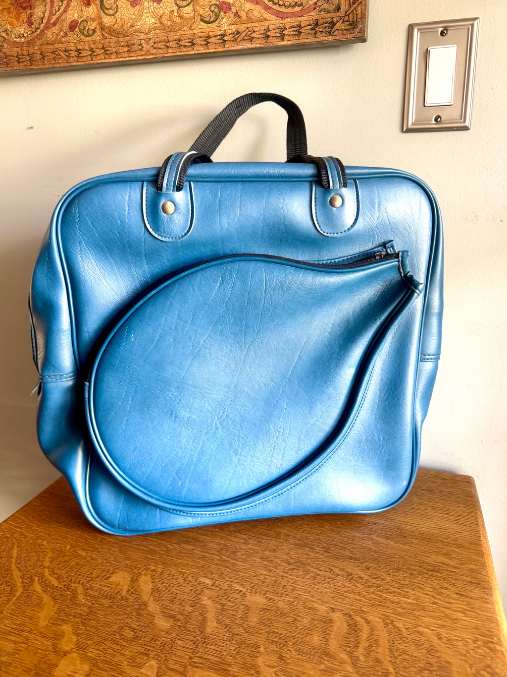 Vtg 60's Blue Vinyl Tennis Bag with Racket Storage