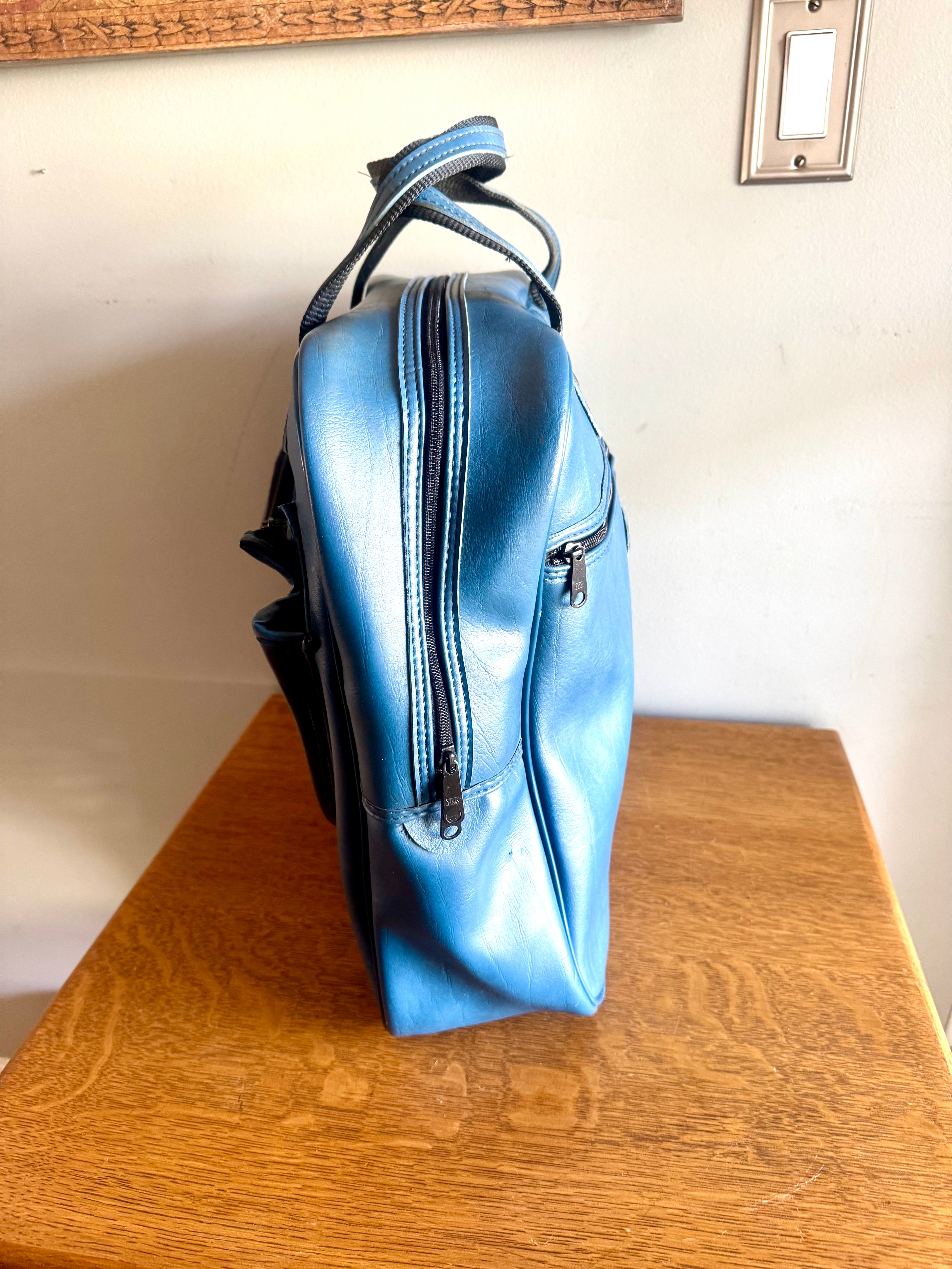 Vtg 60's Blue Vinyl Tennis Bag with Racket Storage