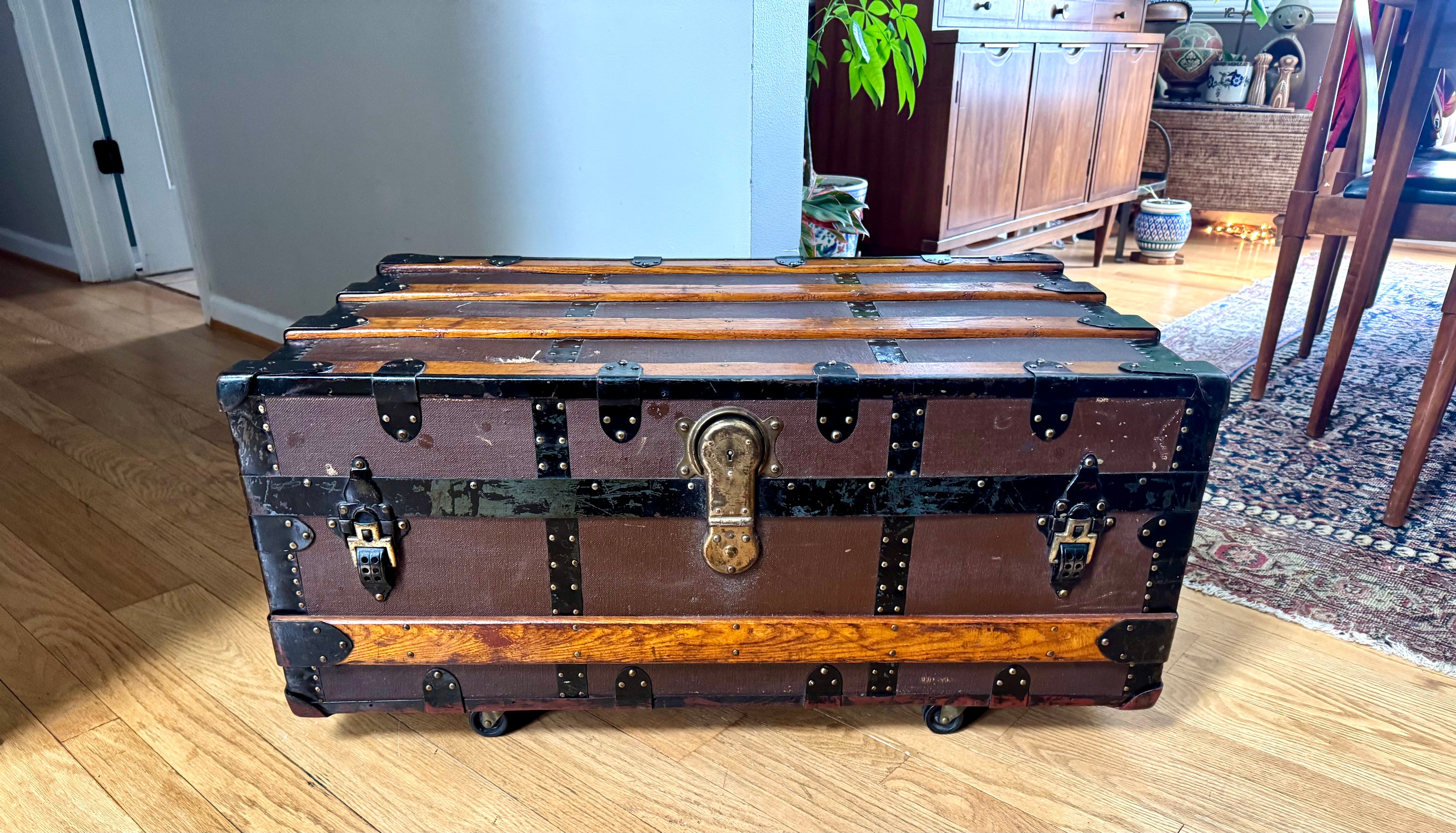 Antique S.R. Stitt Flat Top Steamer Trunk on Casters | Steamer Trunk W/ Casters and Inside Compartment