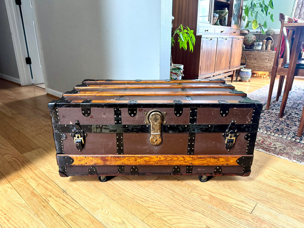 Antique S.R. Stitt Flat Top Steamer Trunk on Casters | Steamer Trunk W/ Casters and Inside Compartment