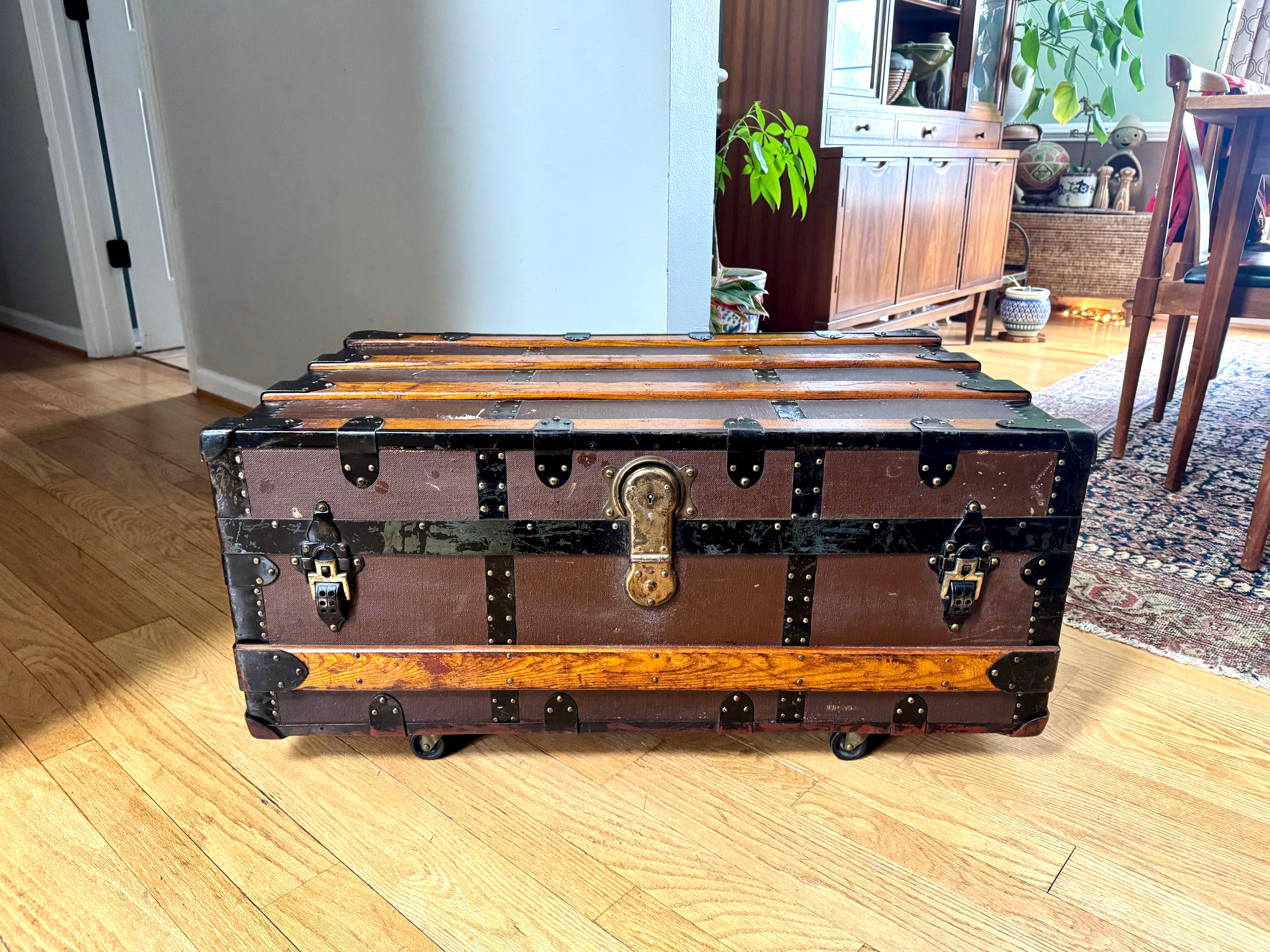 Antique S.R. Stitt Flat Top Steamer Trunk on Casters | Steamer Trunk W/ Casters and Inside Compartment