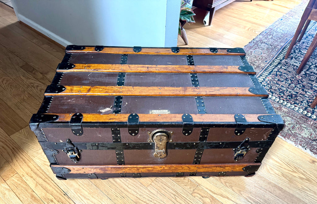 Antique S.R. Stitt Flat Top Steamer Trunk on Casters | Steamer Trunk W/ Casters and Inside Compartment