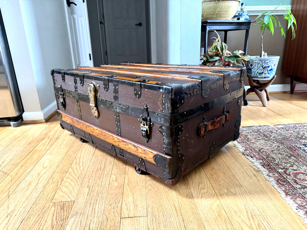 Antique S.R. Stitt Flat Top Steamer Trunk on Casters | Steamer Trunk W/ Casters and Inside Compartment
