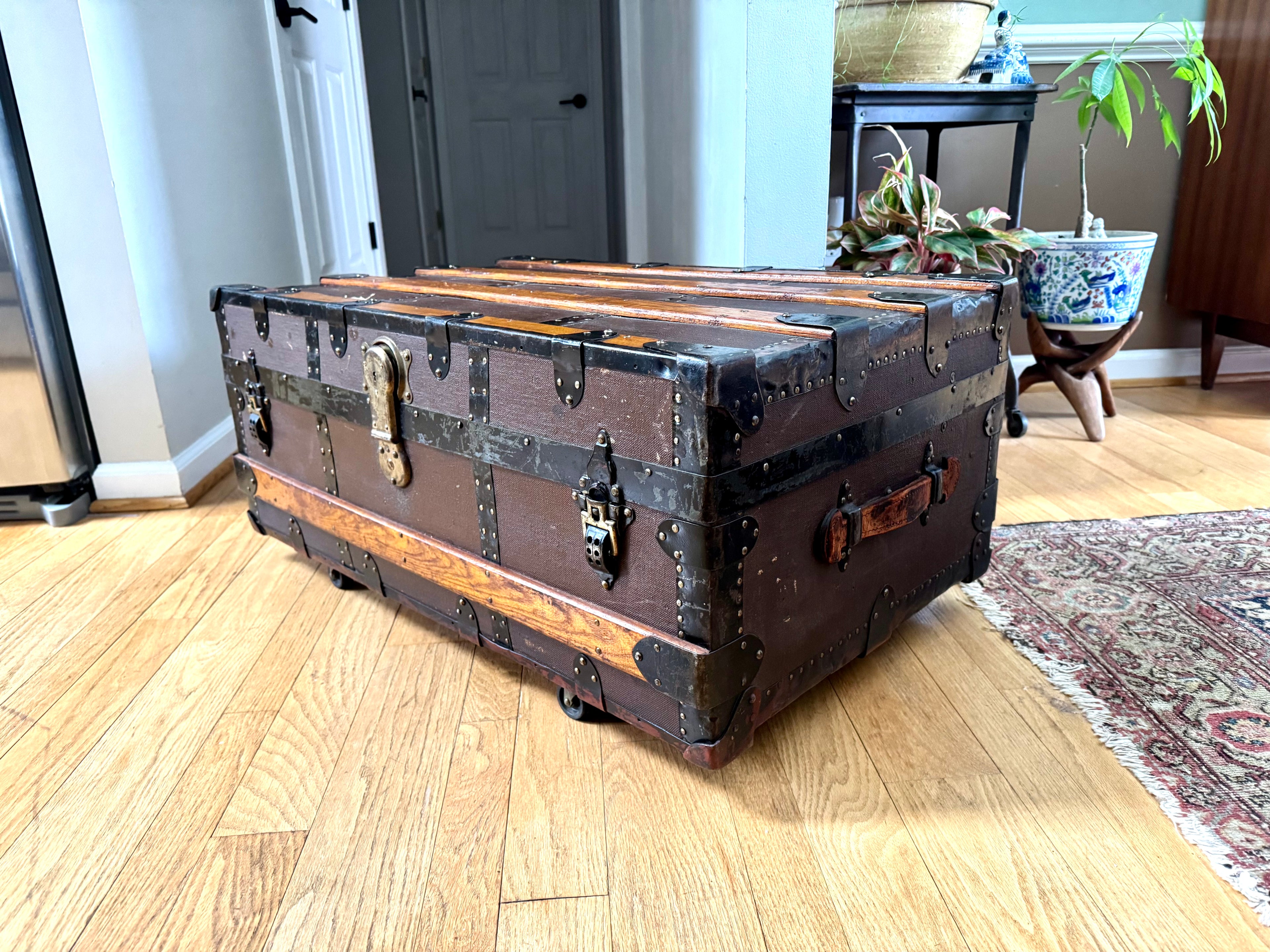 Antique S.R. Stitt Flat Top Steamer Trunk on Casters | Steamer Trunk W/ Casters and Inside Compartment