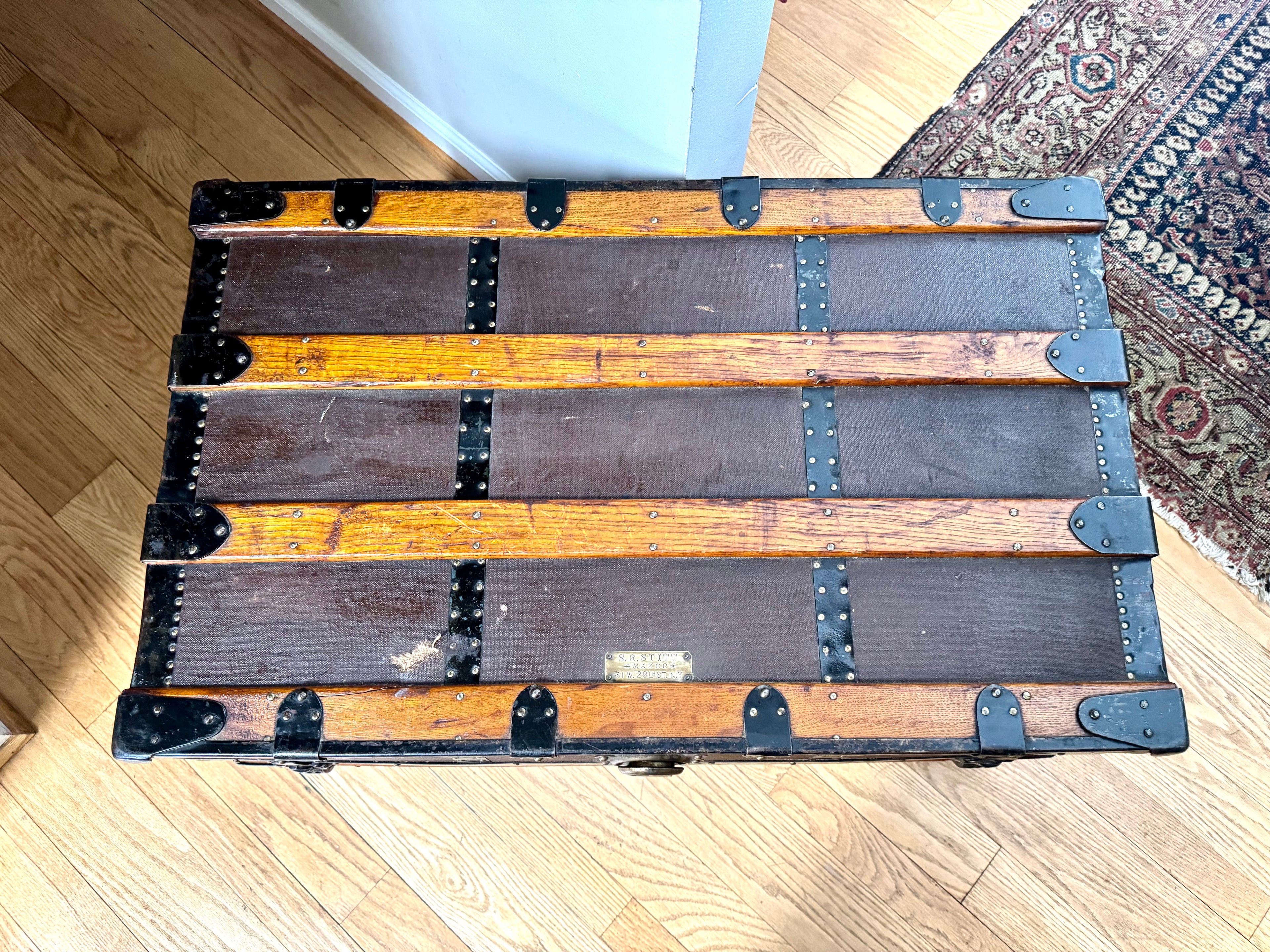 Antique S.R. Stitt Flat Top Steamer Trunk on Casters | Steamer Trunk W/ Casters and Inside Compartment