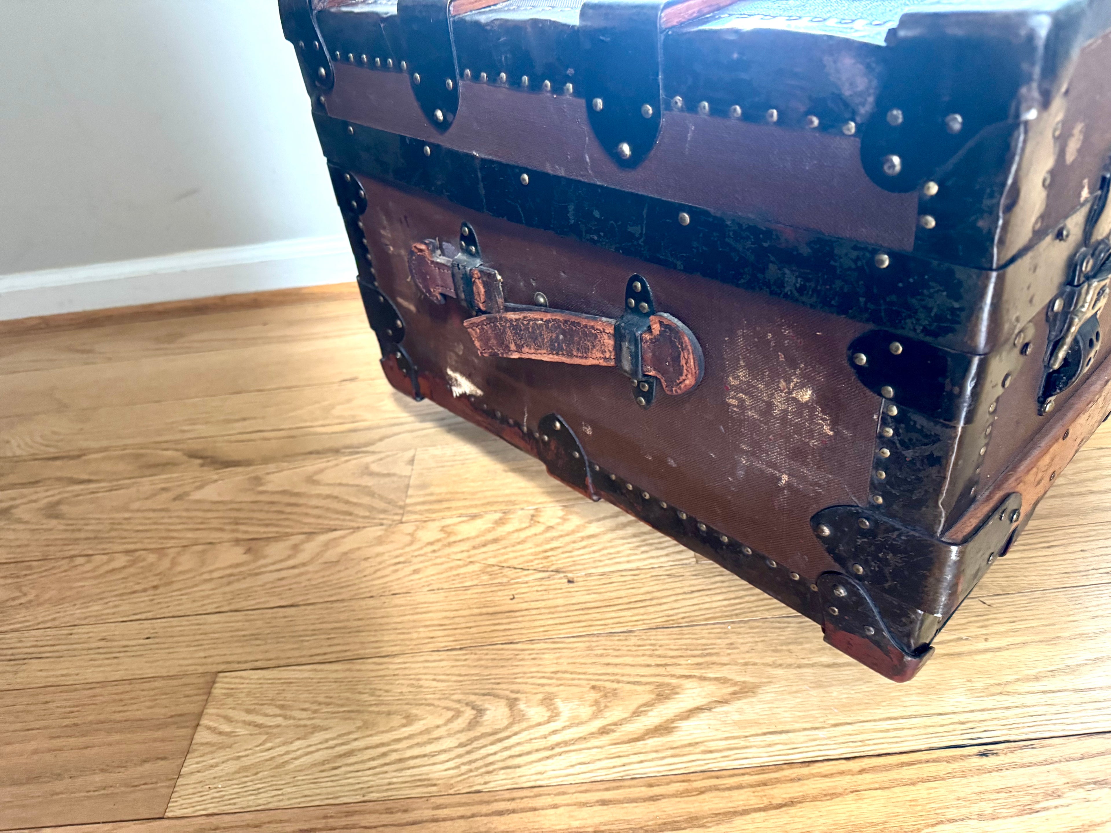 Antique S.R. Stitt Flat Top Steamer Trunk on Casters | Steamer Trunk W/ Casters and Inside Compartment