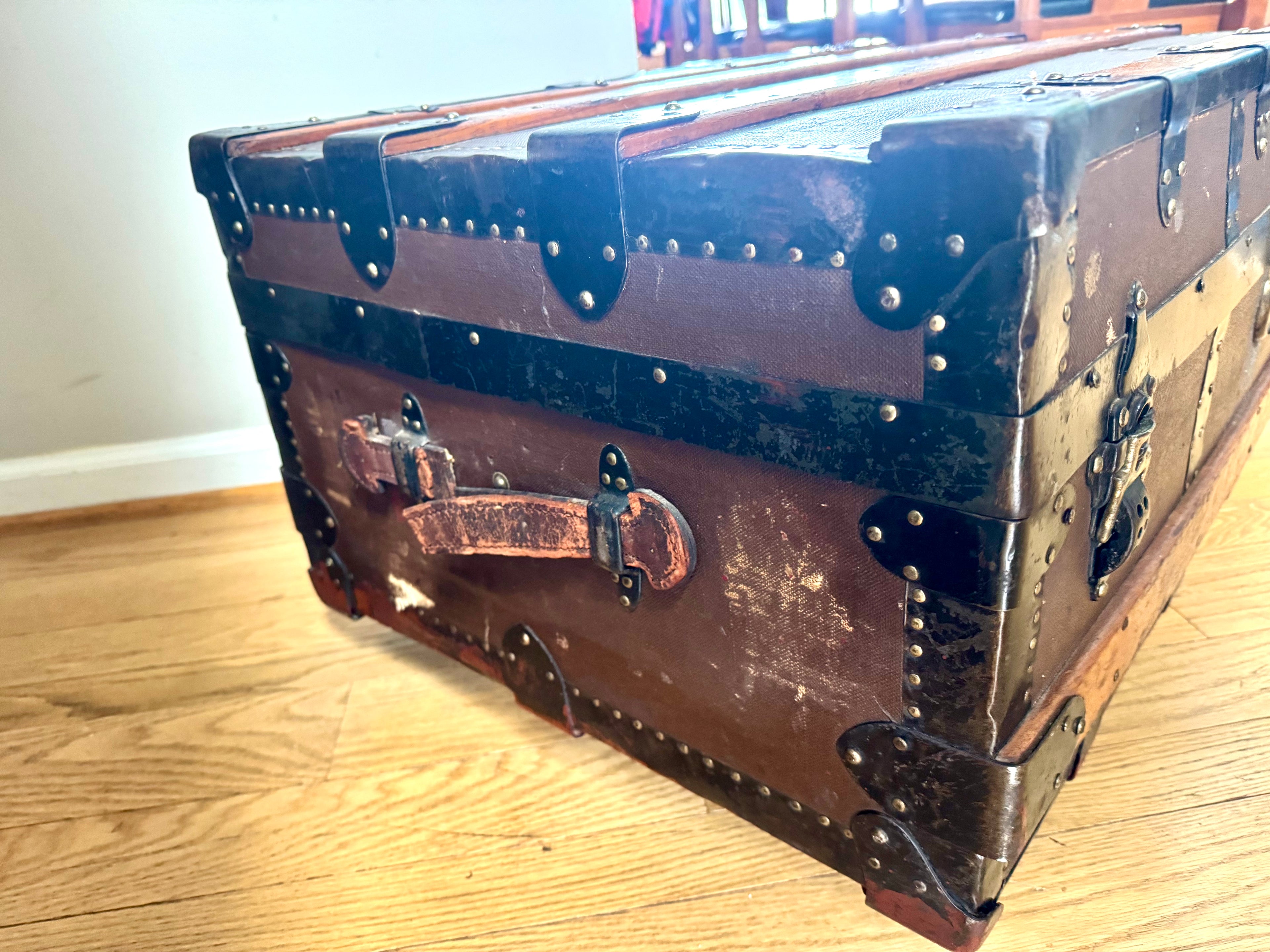 Antique S.R. Stitt Flat Top Steamer Trunk on Casters | Steamer Trunk W/ Casters and Inside Compartment