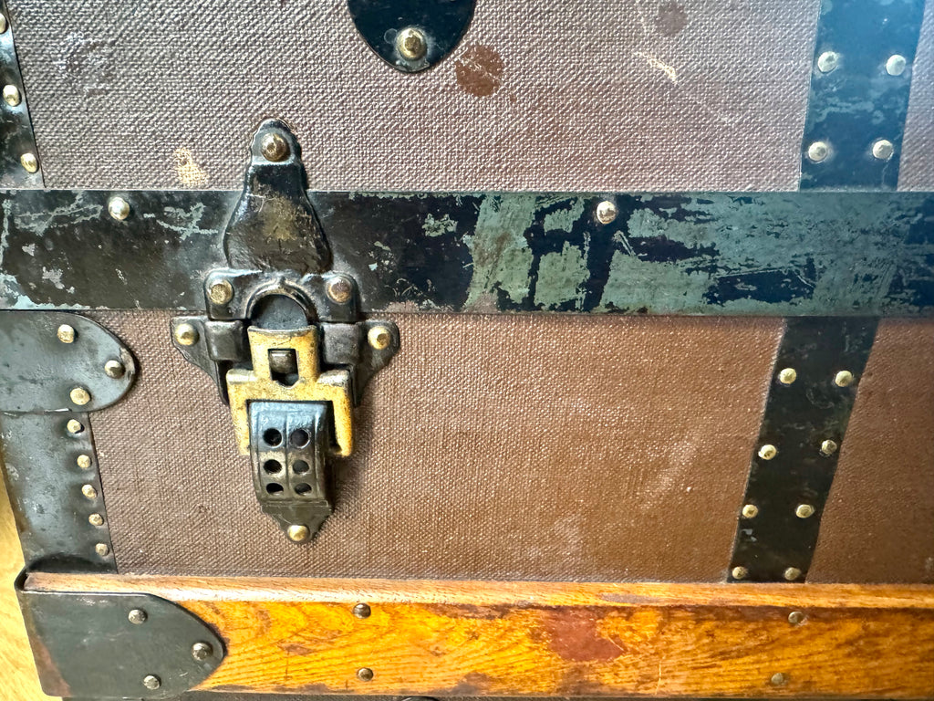 Antique S.R. Stitt Flat Top Steamer Trunk on Casters | Steamer Trunk W/ Casters and Inside Compartment