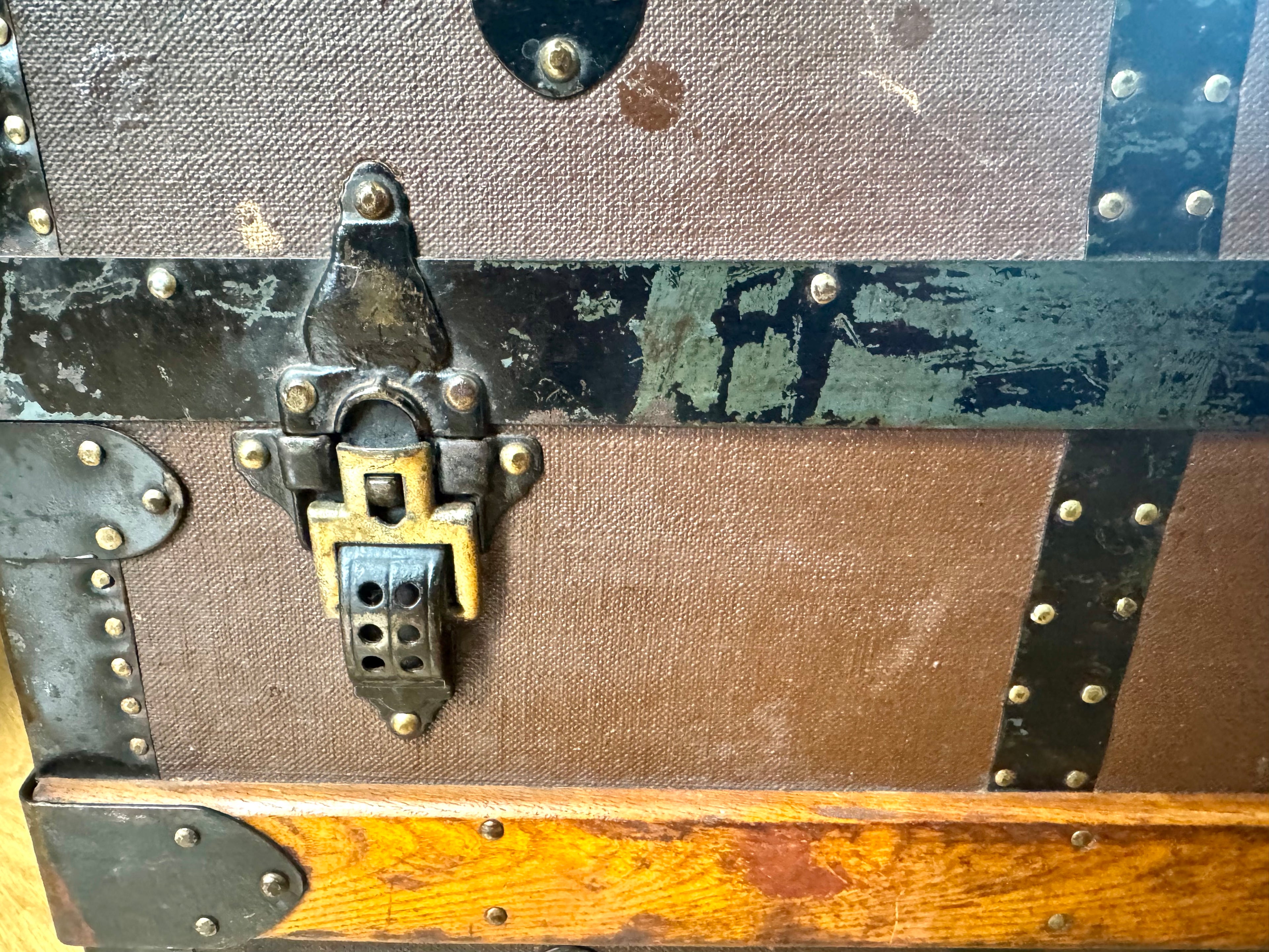 Antique S.R. Stitt Flat Top Steamer Trunk on Casters | Steamer Trunk W/ Casters and Inside Compartment