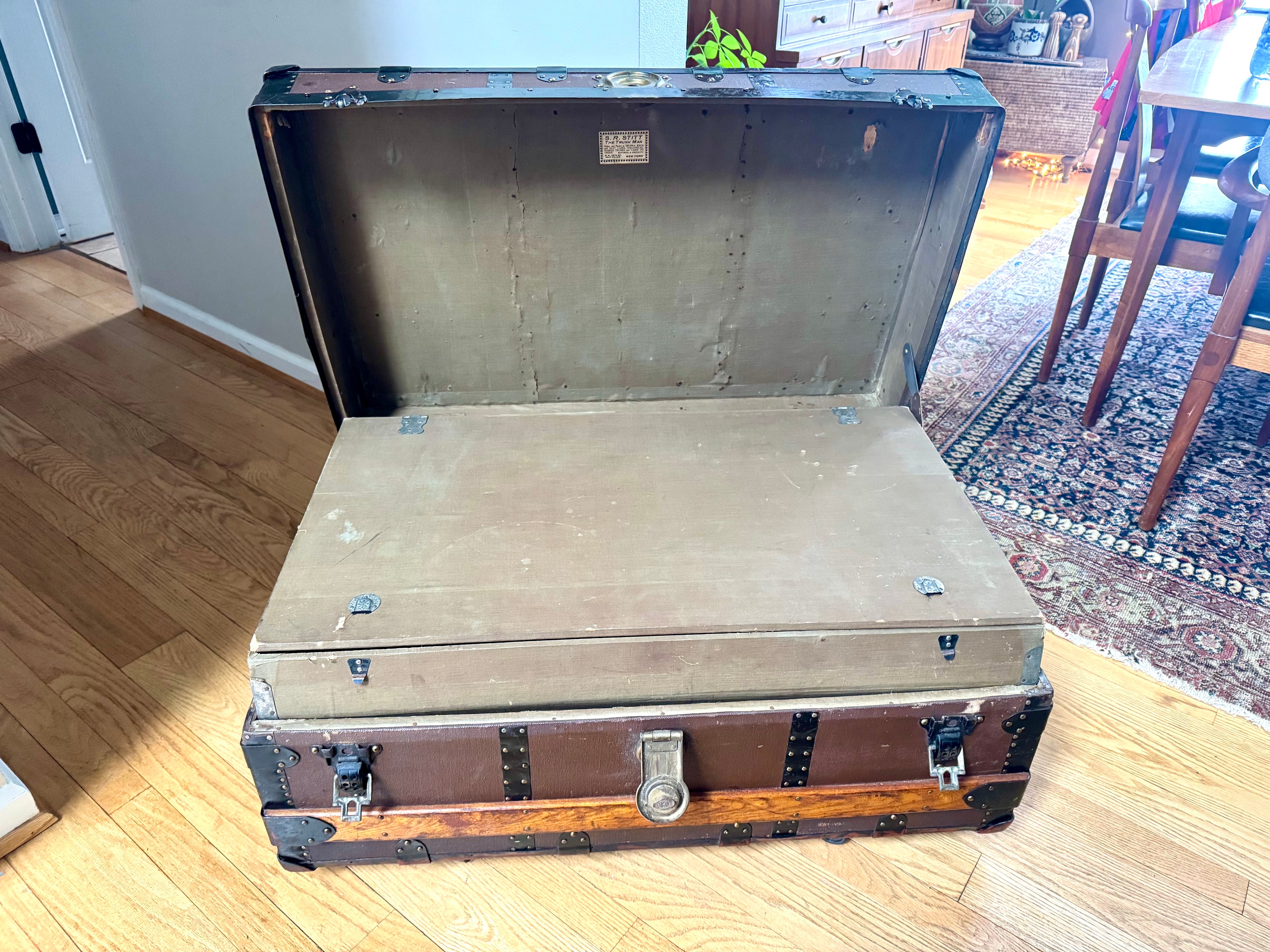 Antique S.R. Stitt Flat Top Steamer Trunk on Casters | Steamer Trunk W/ Casters and Inside Compartment