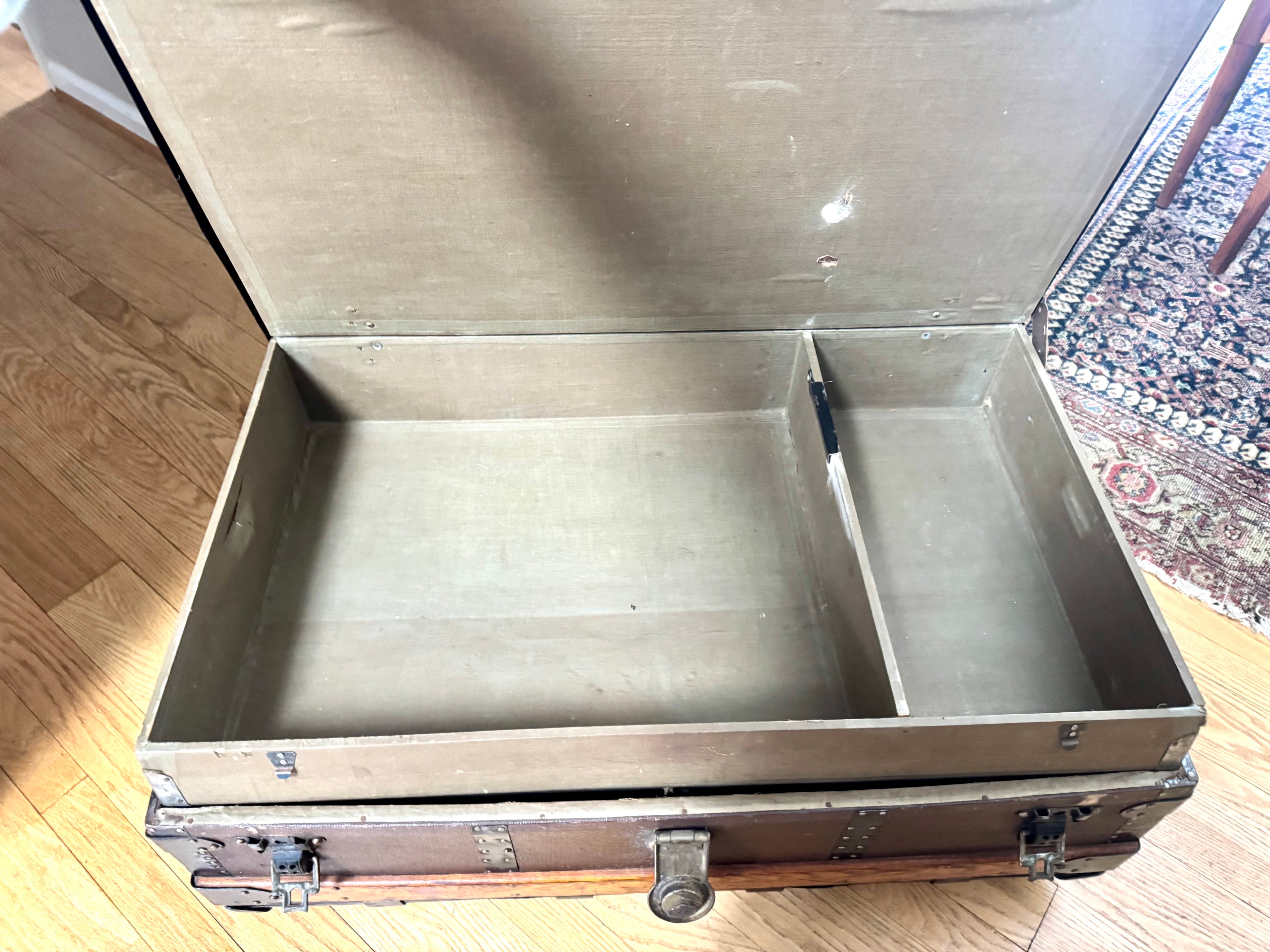 Antique S.R. Stitt Flat Top Steamer Trunk on Casters | Steamer Trunk W/ Casters and Inside Compartment