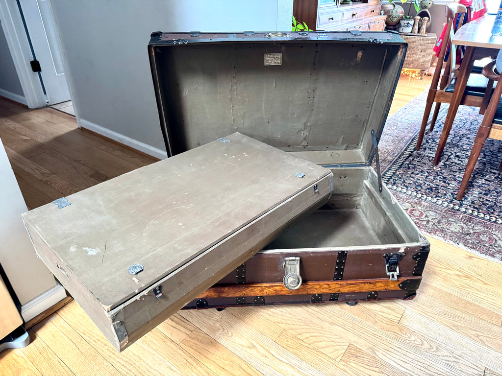 Antique S.R. Stitt Flat Top Steamer Trunk on Casters | Steamer Trunk W/ Casters and Inside Compartment
