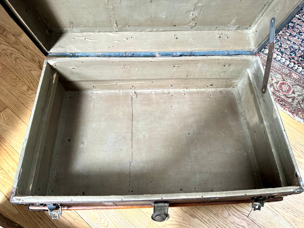 Antique S.R. Stitt Flat Top Steamer Trunk on Casters | Steamer Trunk W/ Casters and Inside Compartment