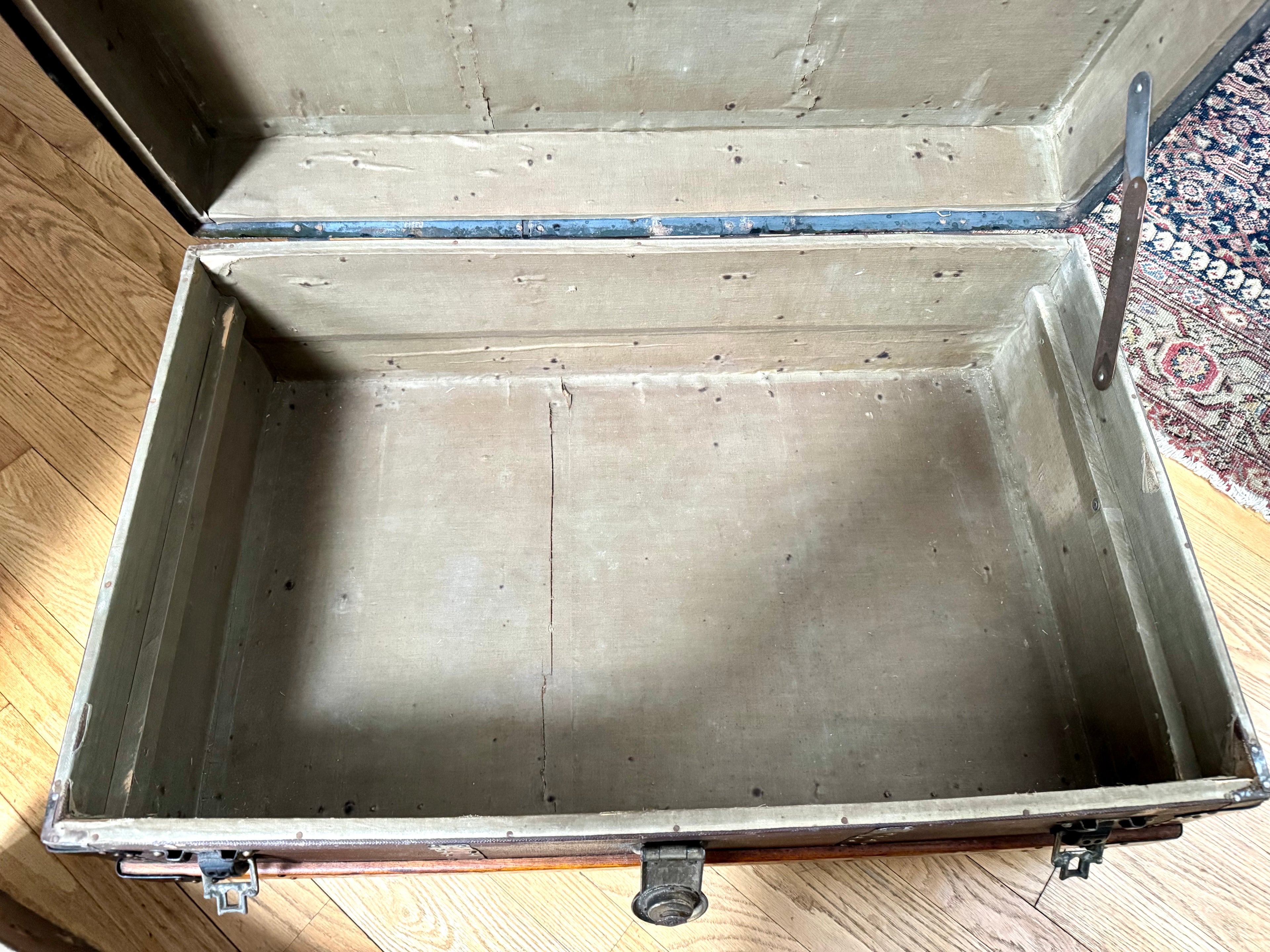 Antique S.R. Stitt Flat Top Steamer Trunk on Casters | Steamer Trunk W/ Casters and Inside Compartment