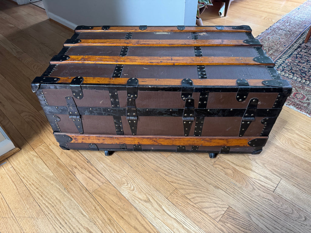 Antique S.R. Stitt Flat Top Steamer Trunk on Casters | Steamer Trunk W/ Casters and Inside Compartment