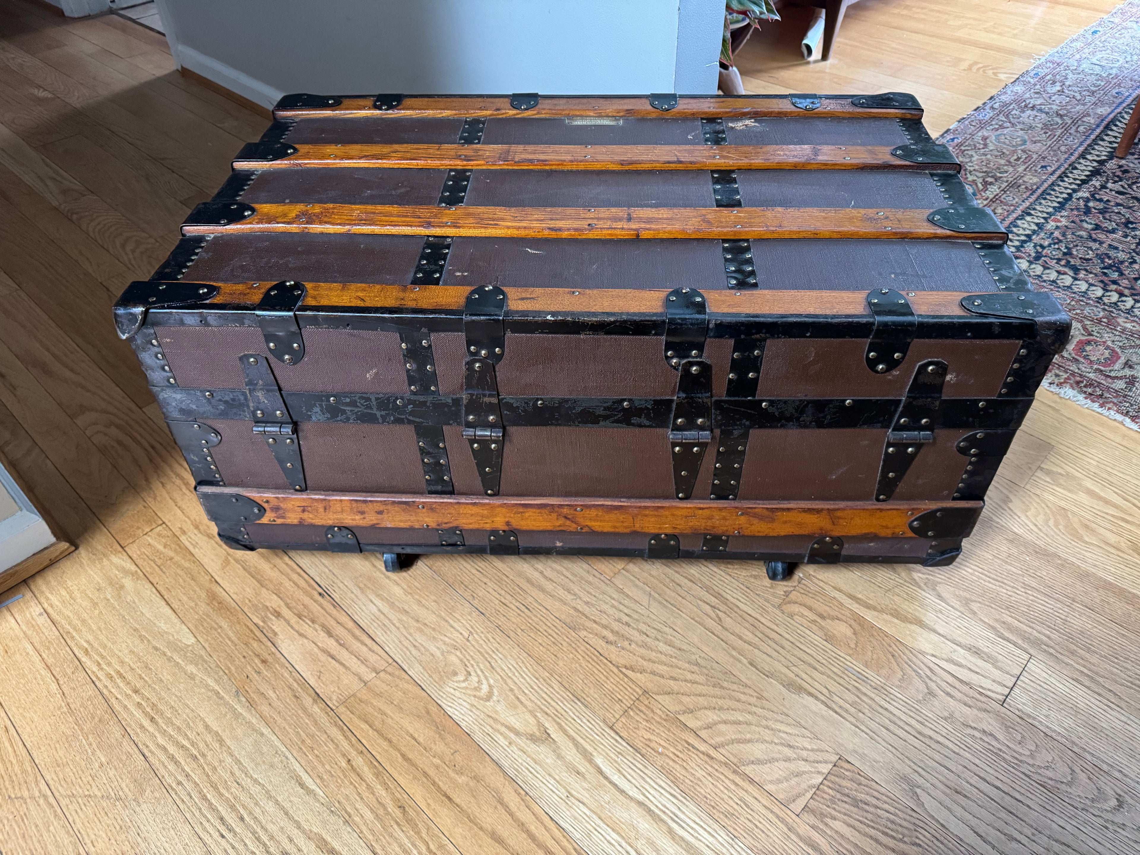 Antique S.R. Stitt Flat Top Steamer Trunk on Casters | Steamer Trunk W/ Casters and Inside Compartment