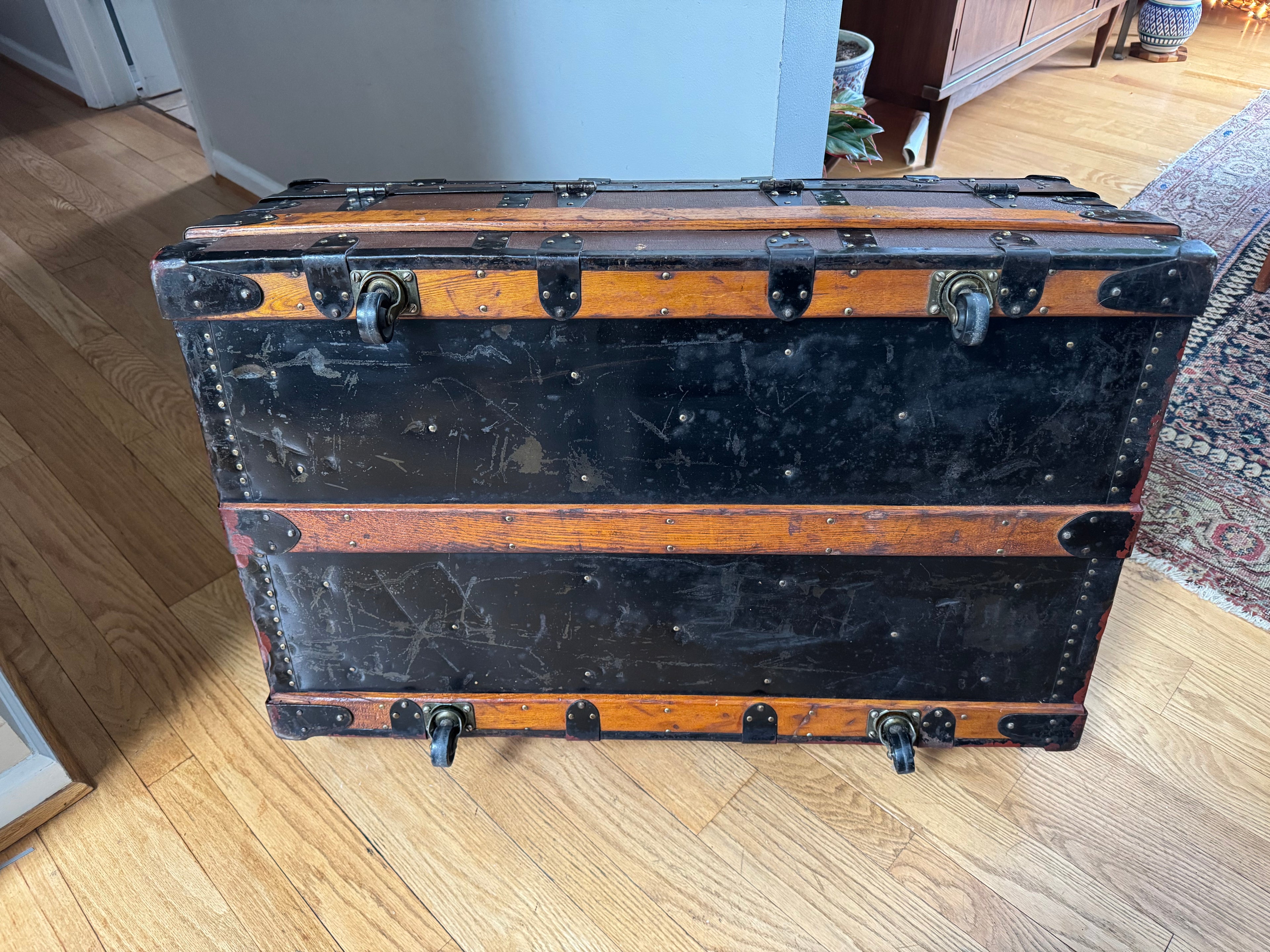 Antique S.R. Stitt Flat Top Steamer Trunk on Casters | Steamer Trunk W/ Casters and Inside Compartment