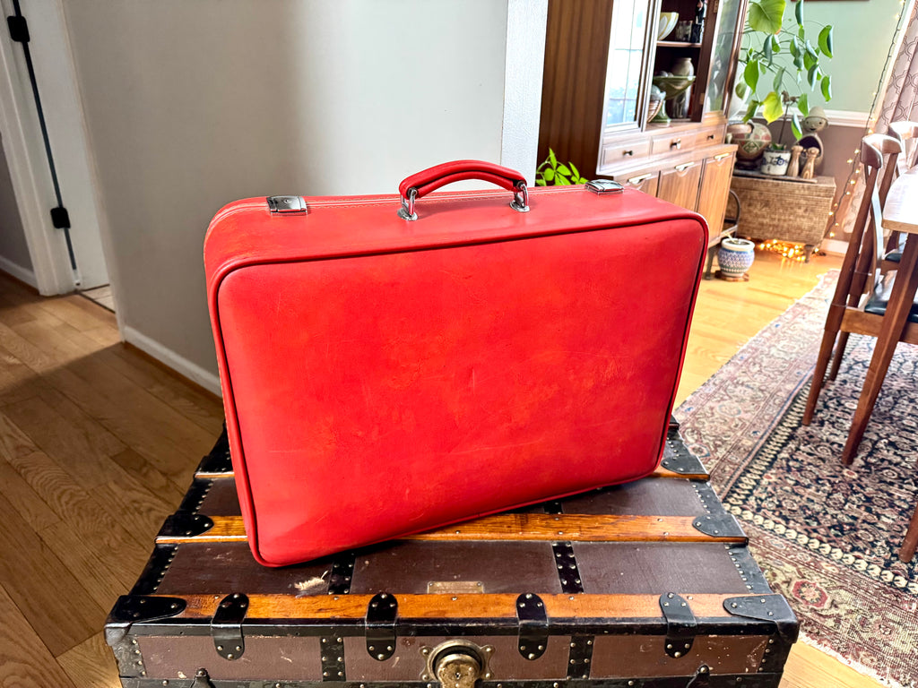 Vtg Large Red Marble Vinyl Suitcase | Pink Interior Red Suitcase