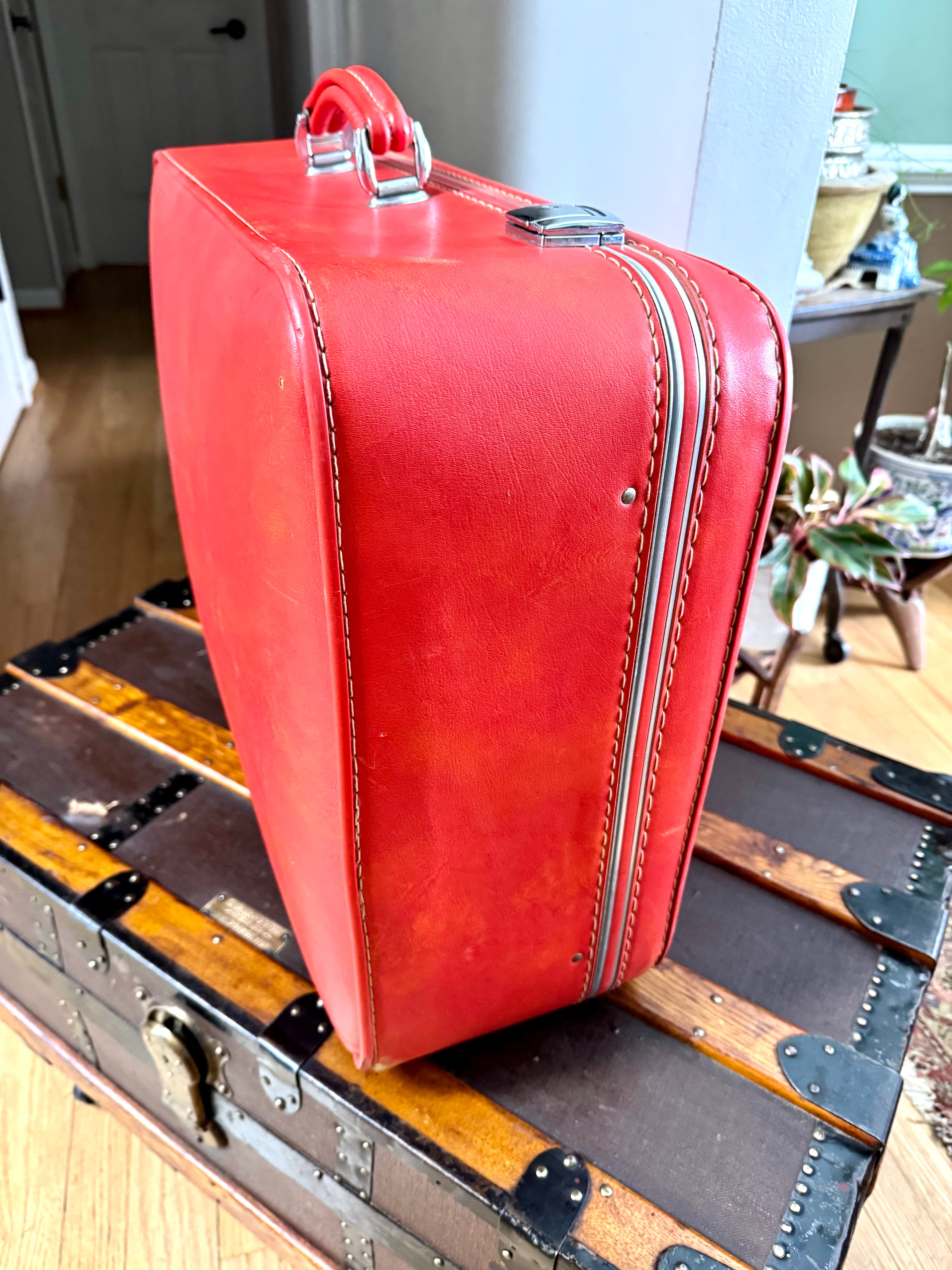Vtg Large Red Marble Vinyl Suitcase | Pink Interior Red Suitcase