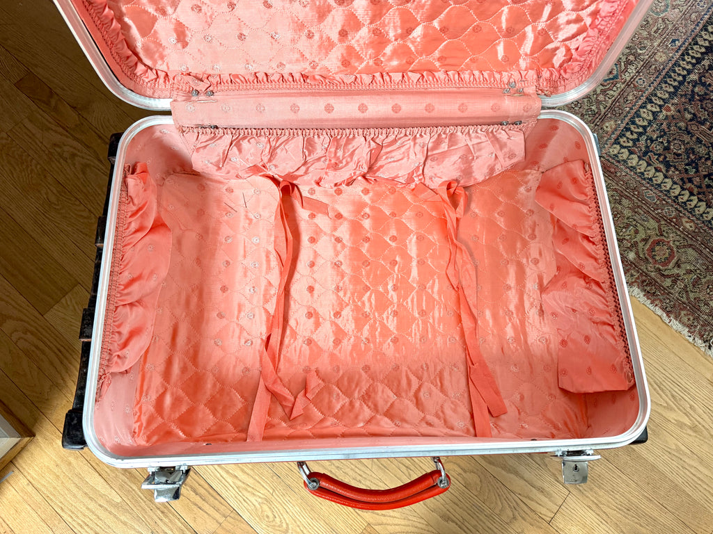 Vtg Large Red Marble Vinyl Suitcase | Pink Interior Red Suitcase