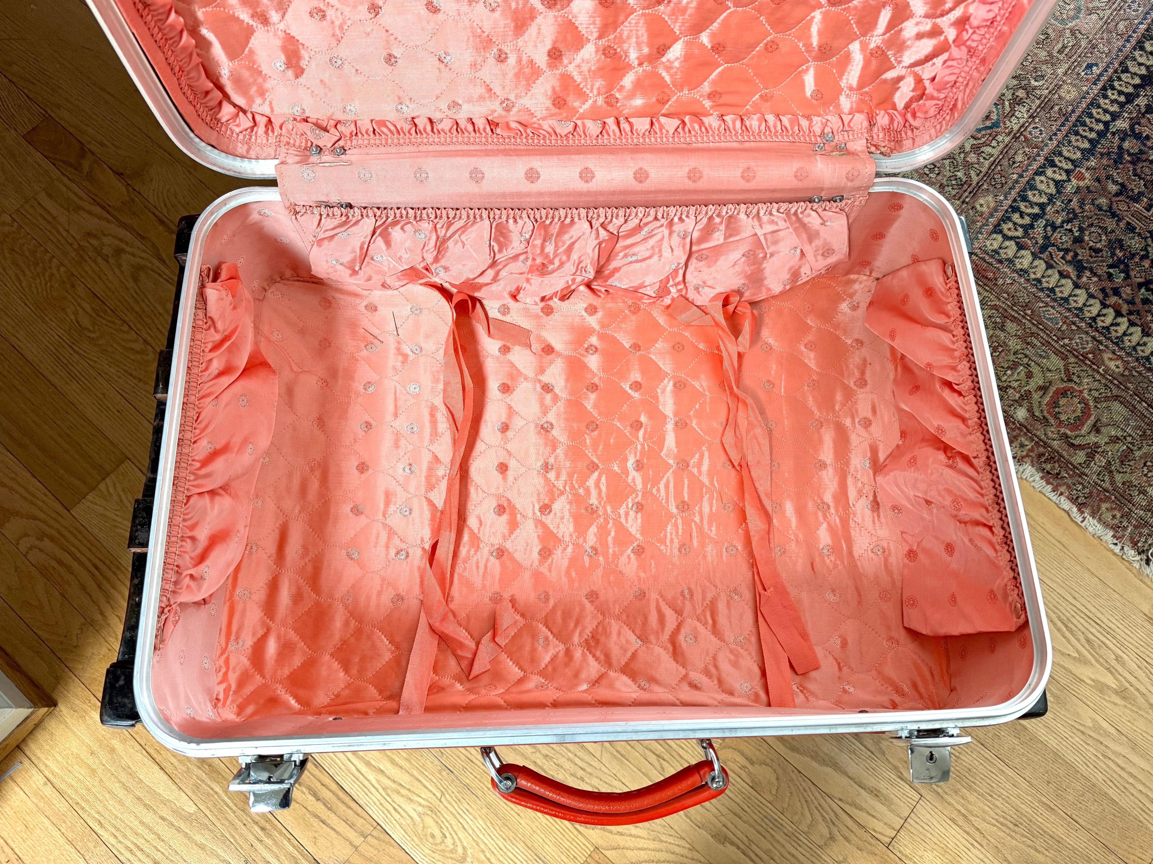 Vtg Large Red Marble Vinyl Suitcase | Pink Interior Red Suitcase