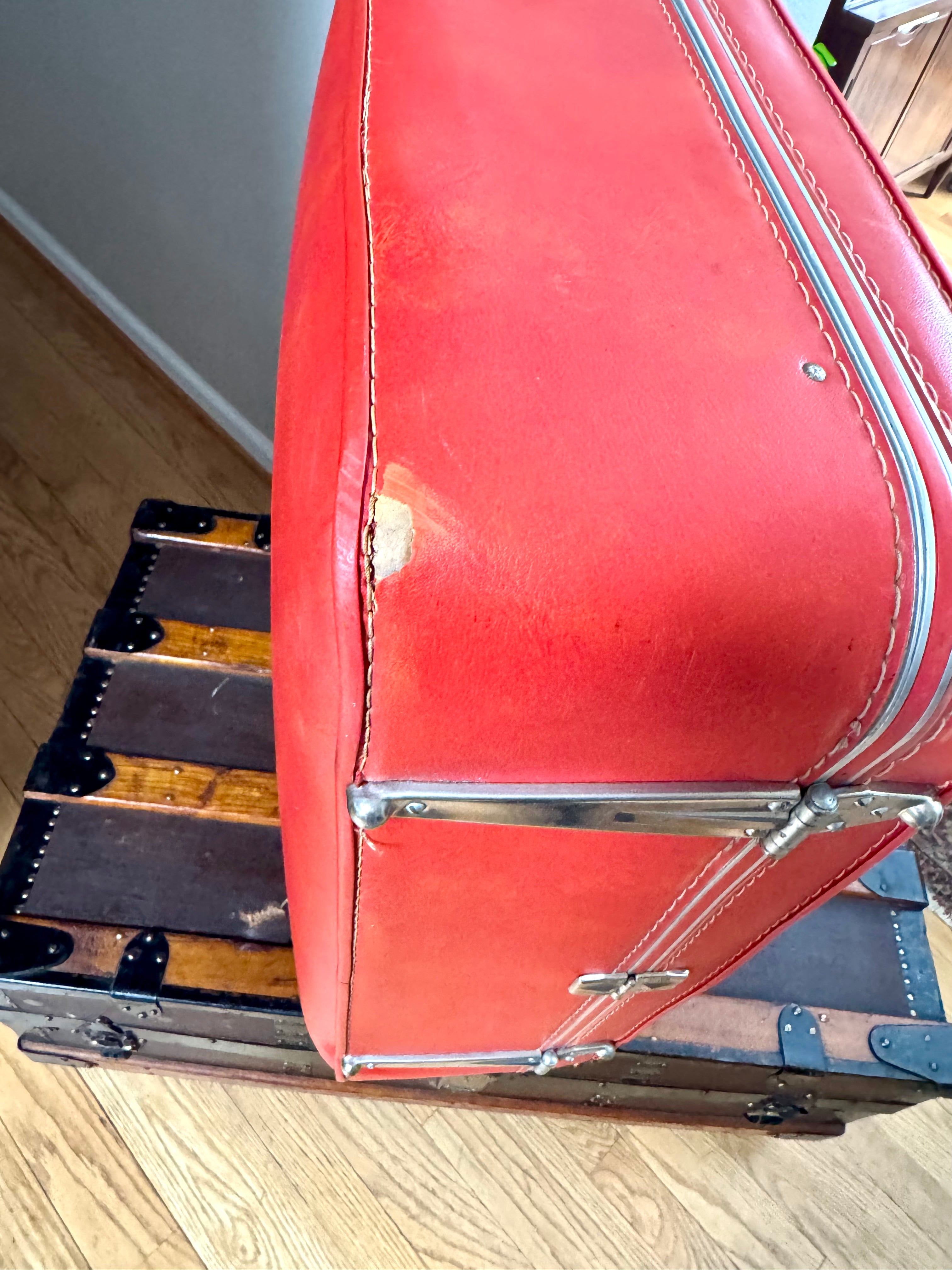 Vtg Large Red Marble Vinyl Suitcase | Pink Interior Red Suitcase