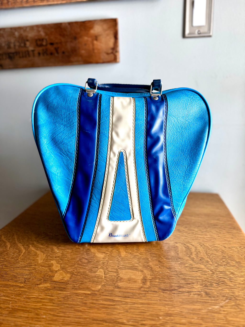 Retro Brunswick Blue and White Vinyl Faux Leather Bowling Bag | Vtg Blue & White Bowling Bag