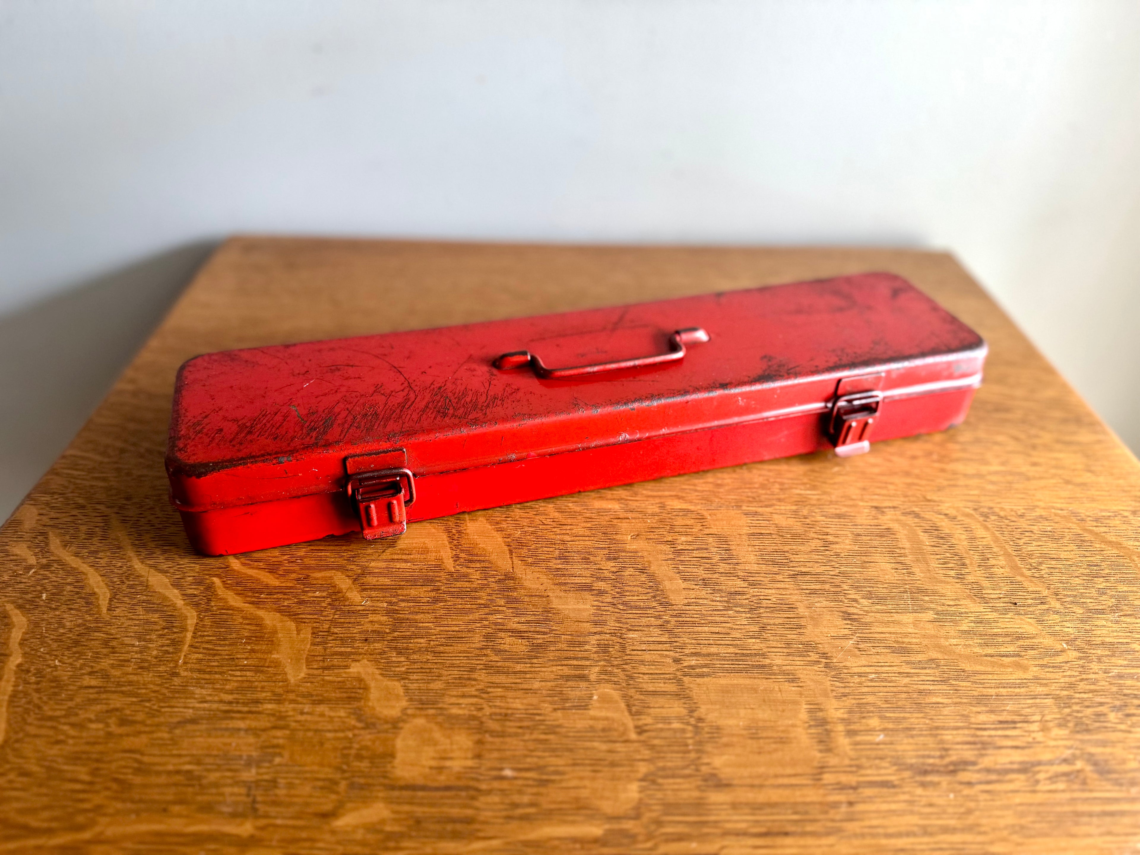 Vtg Small Red Metal Tool Box | Long Metal Storage Box | Socket Toolbox