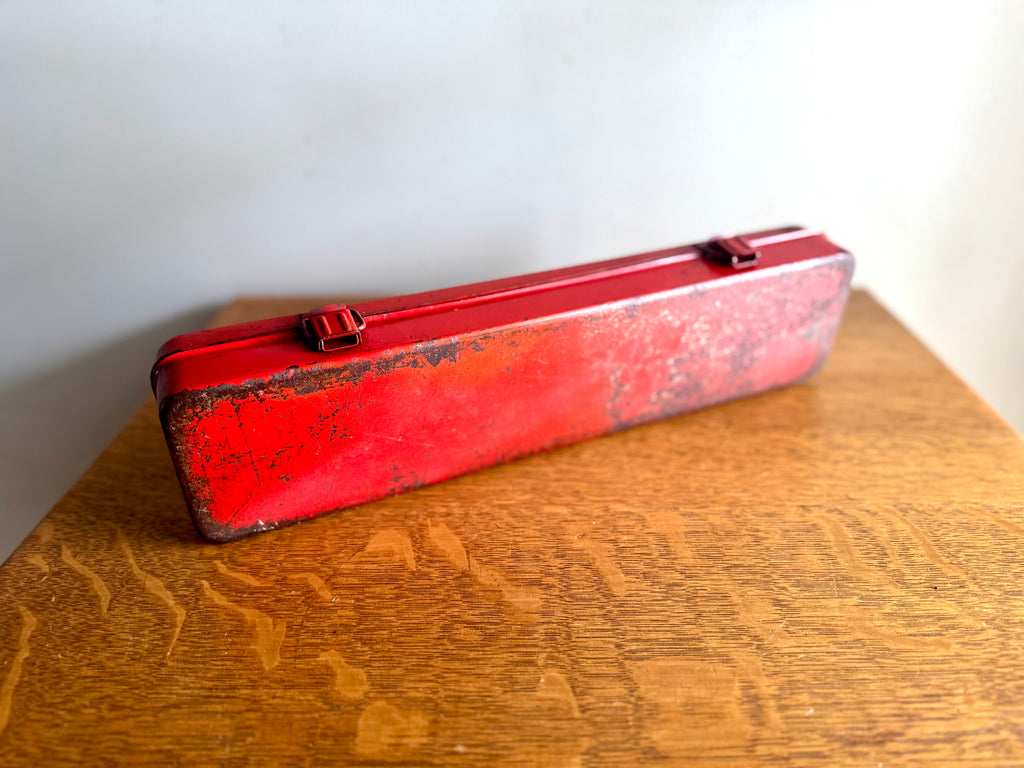 Vtg Small Red Metal Tool Box | Long Metal Storage Box | Socket Toolbox