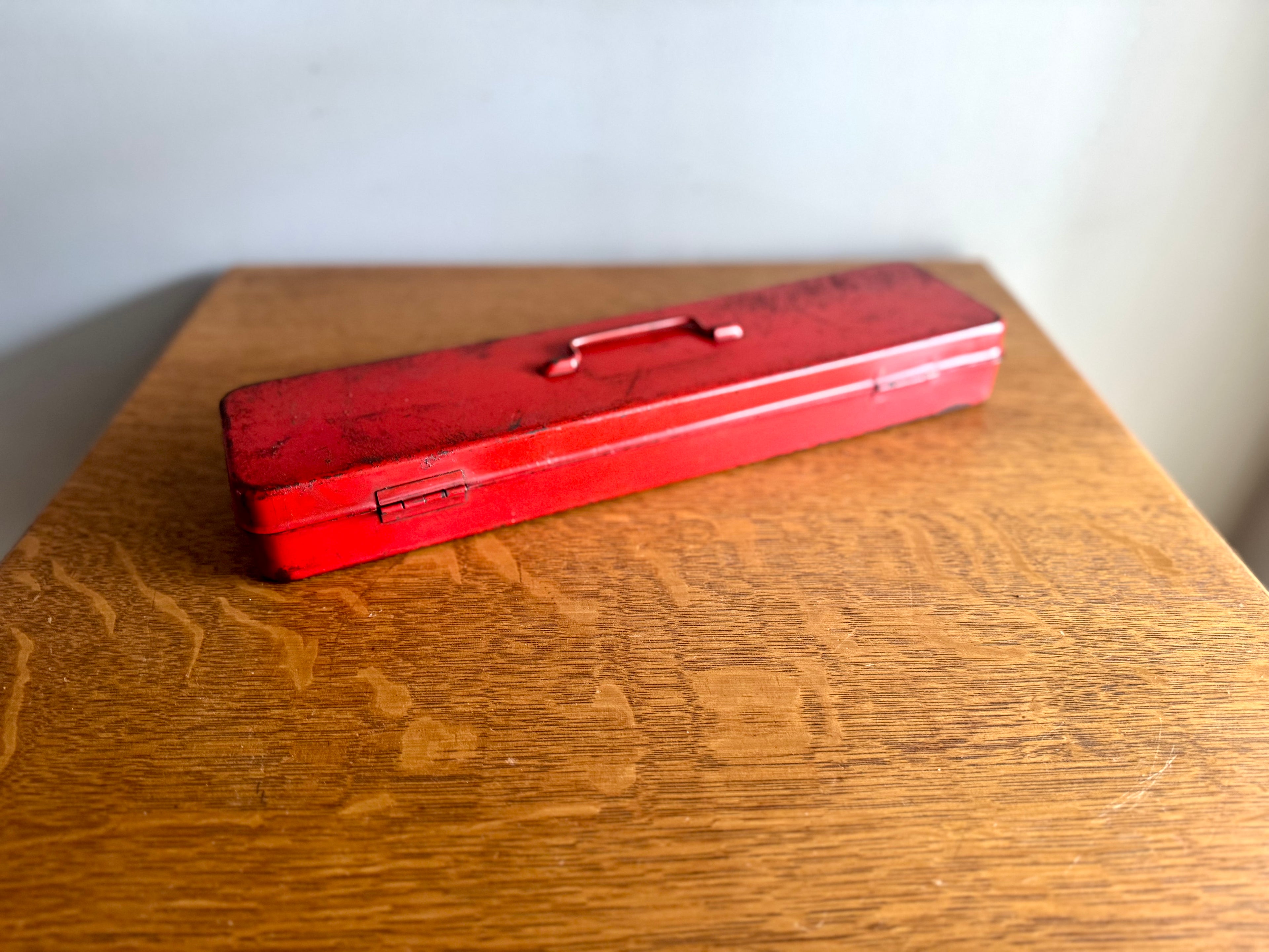 Vtg Small Red Metal Tool Box | Long Metal Storage Box | Socket Toolbox