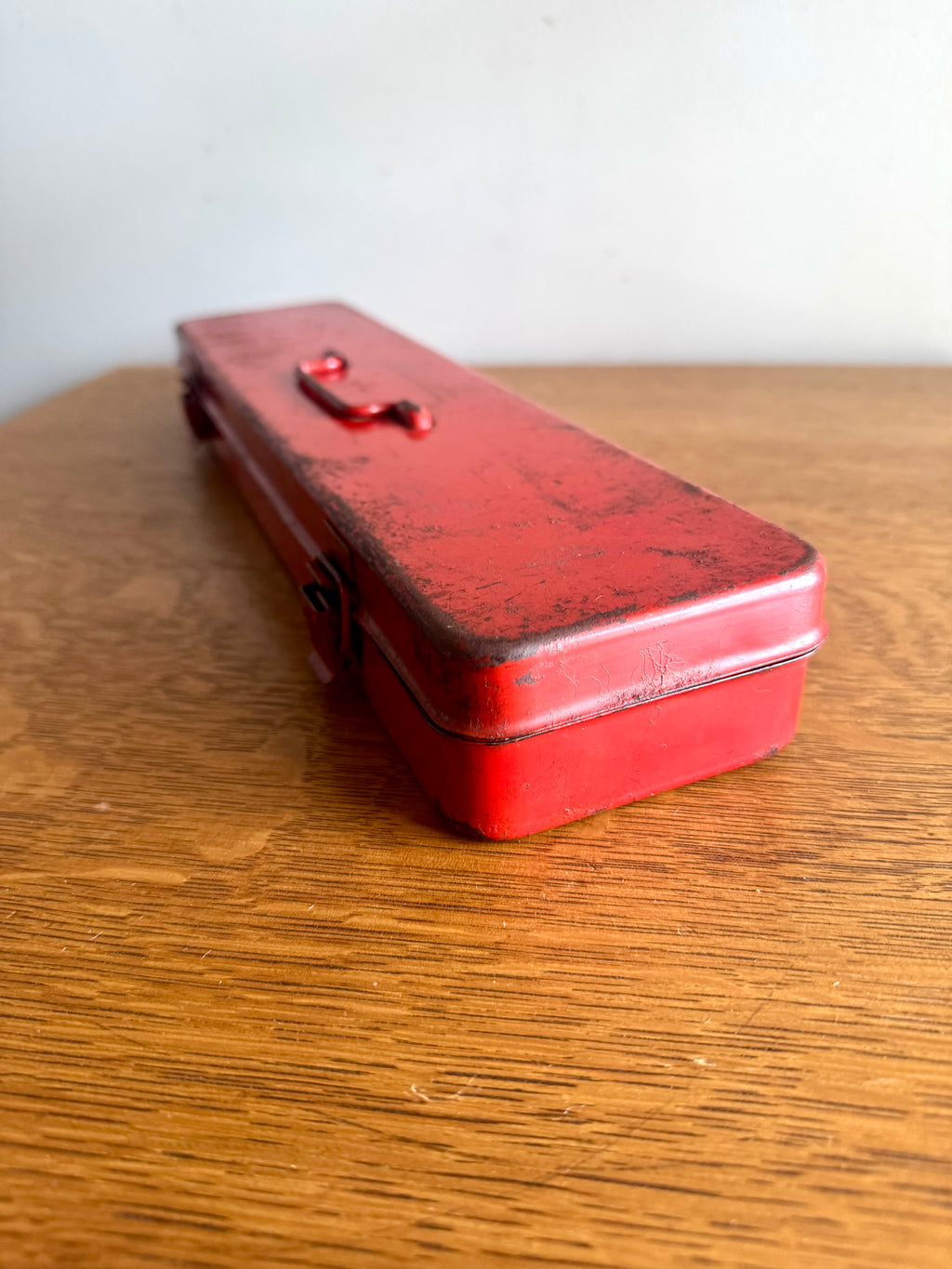 Vtg Small Red Metal Tool Box | Long Metal Storage Box | Socket Toolbox