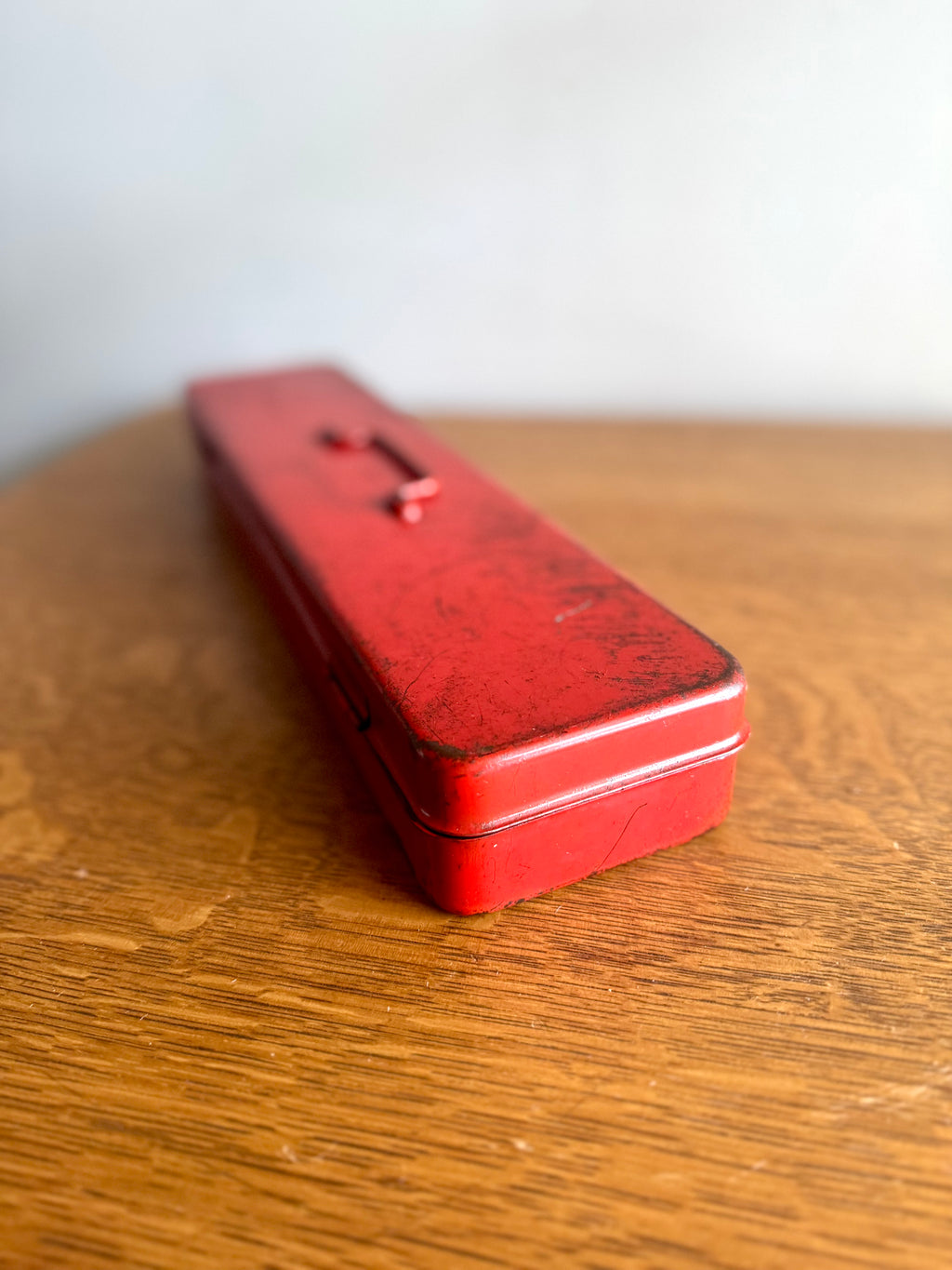 Vtg Small Red Metal Tool Box | Long Metal Storage Box | Socket Toolbox