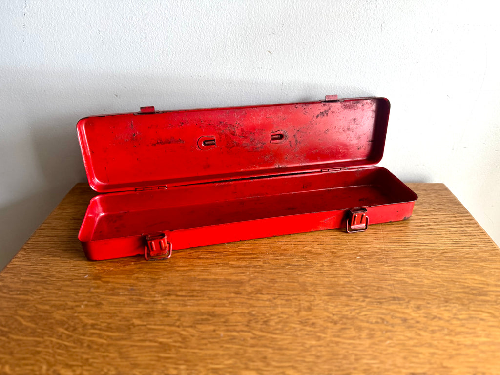 Vtg Small Red Metal Tool Box | Long Metal Storage Box | Socket Toolbox