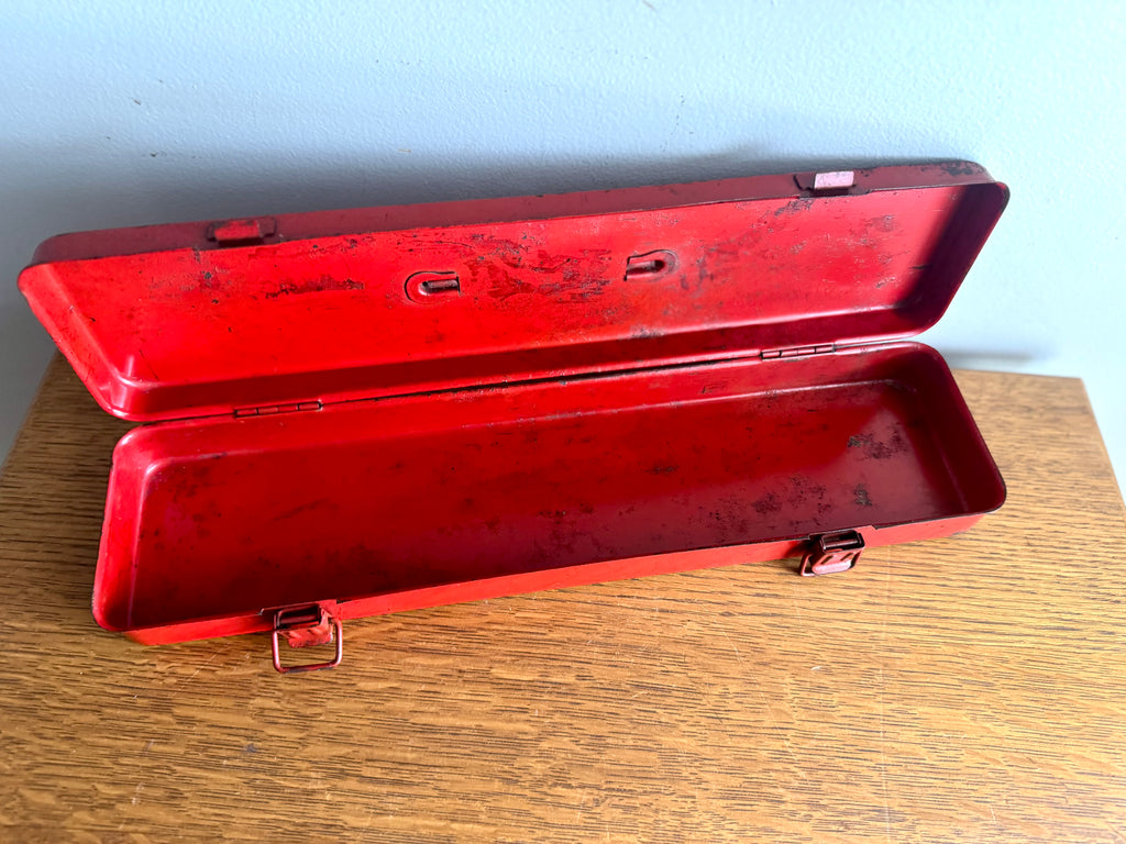 Vtg Small Red Metal Tool Box | Long Metal Storage Box | Socket Toolbox