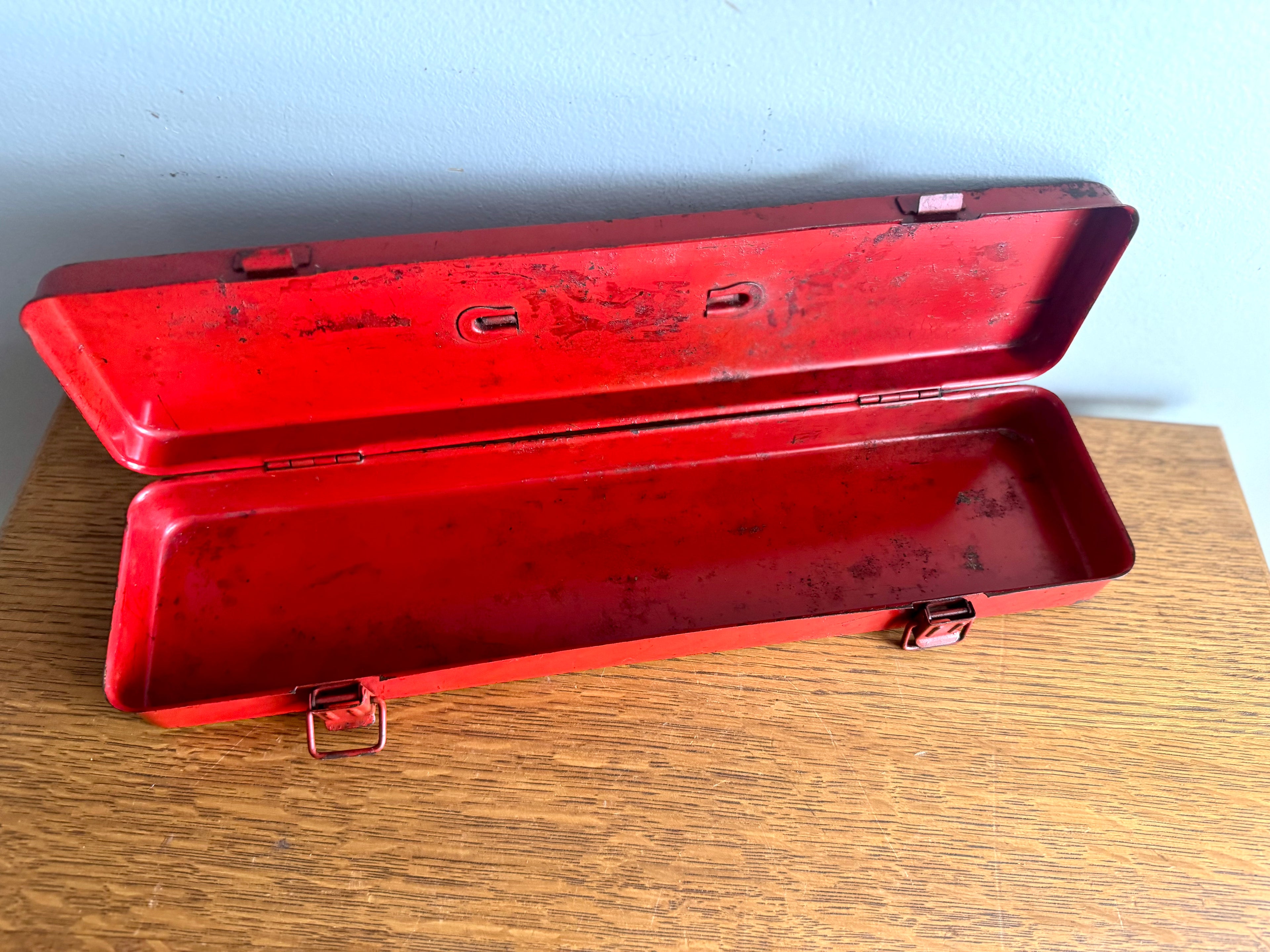 Vtg Small Red Metal Tool Box | Long Metal Storage Box | Socket Toolbox
