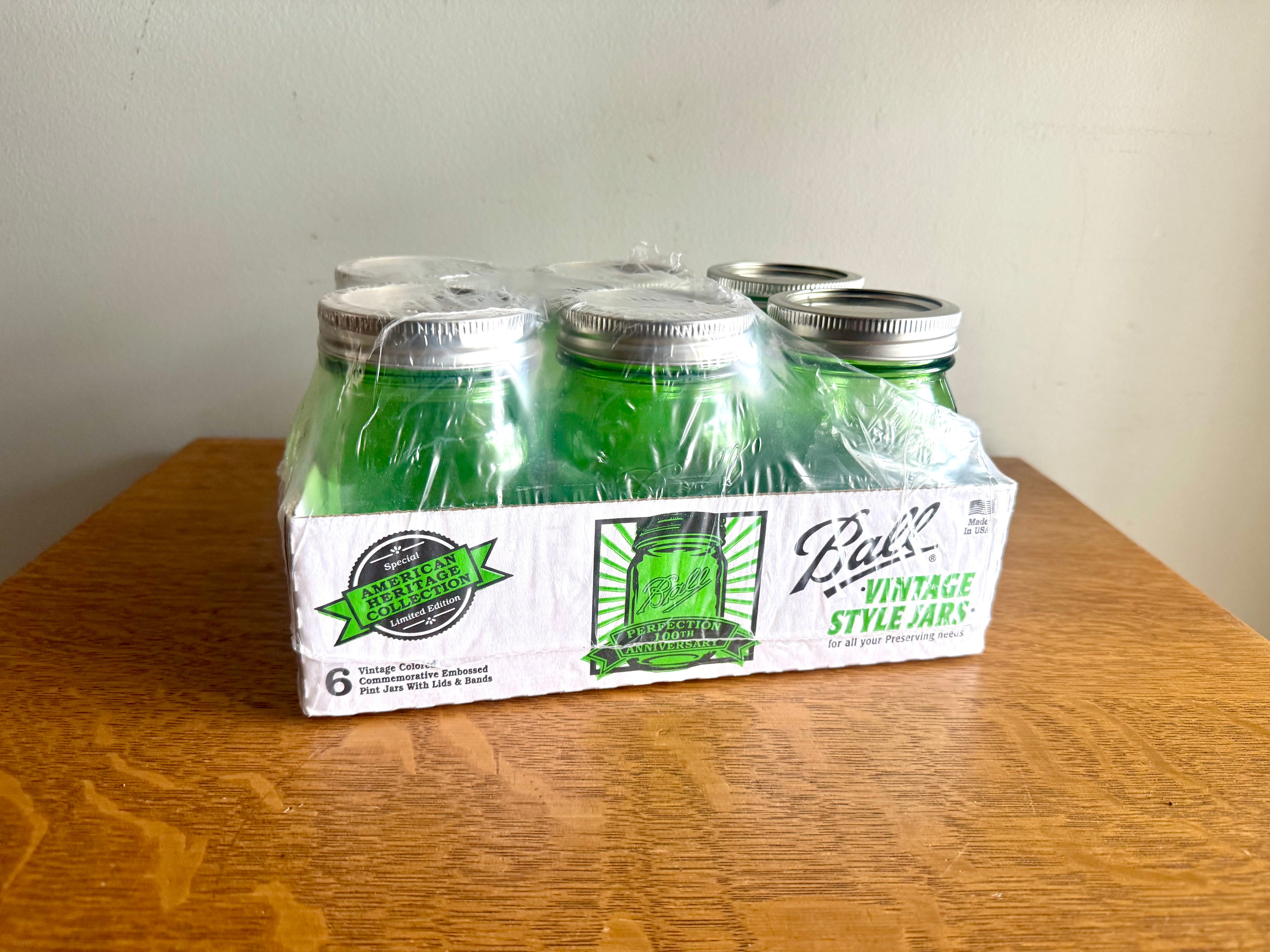 Set of 6 Vtg Style Green Ball Pint Jars | 100 Anniversary Green Pint Embossed Jars
