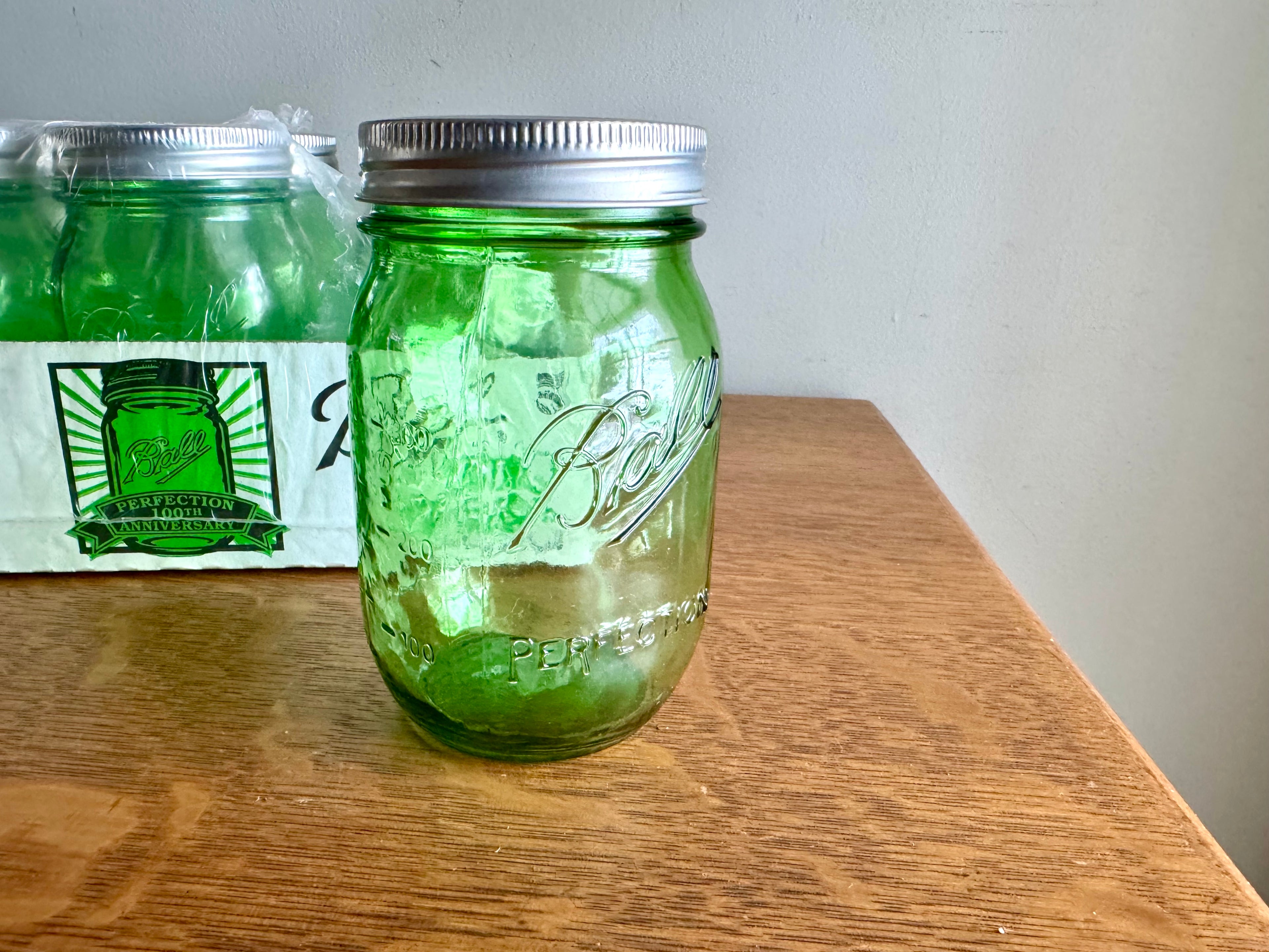 Set of 6 Vtg Style Green Ball Pint Jars | 100 Anniversary Green Pint Embossed Jars
