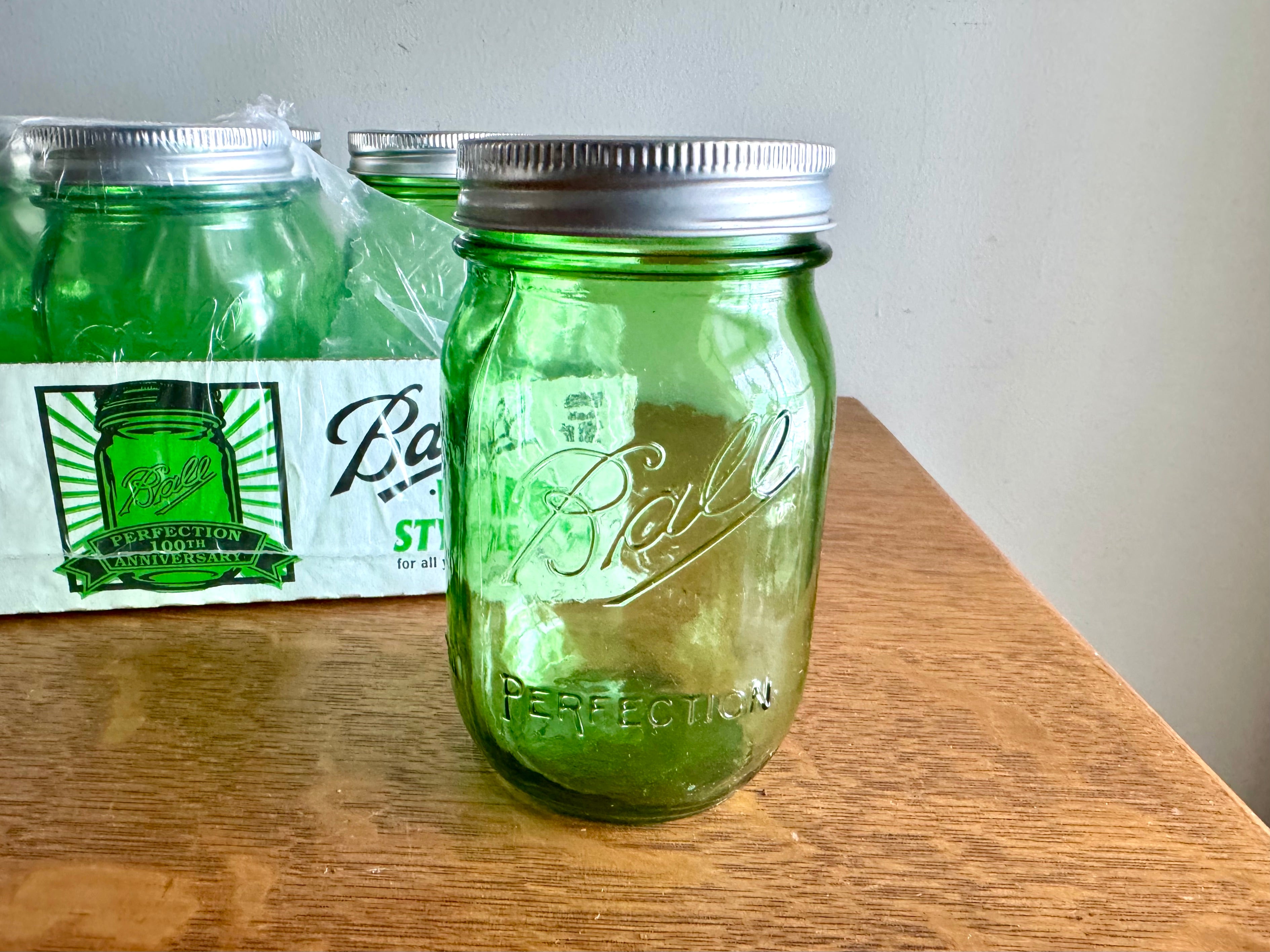 Set of 6 Vtg Style Green Ball Pint Jars | 100 Anniversary Green Pint Embossed Jars