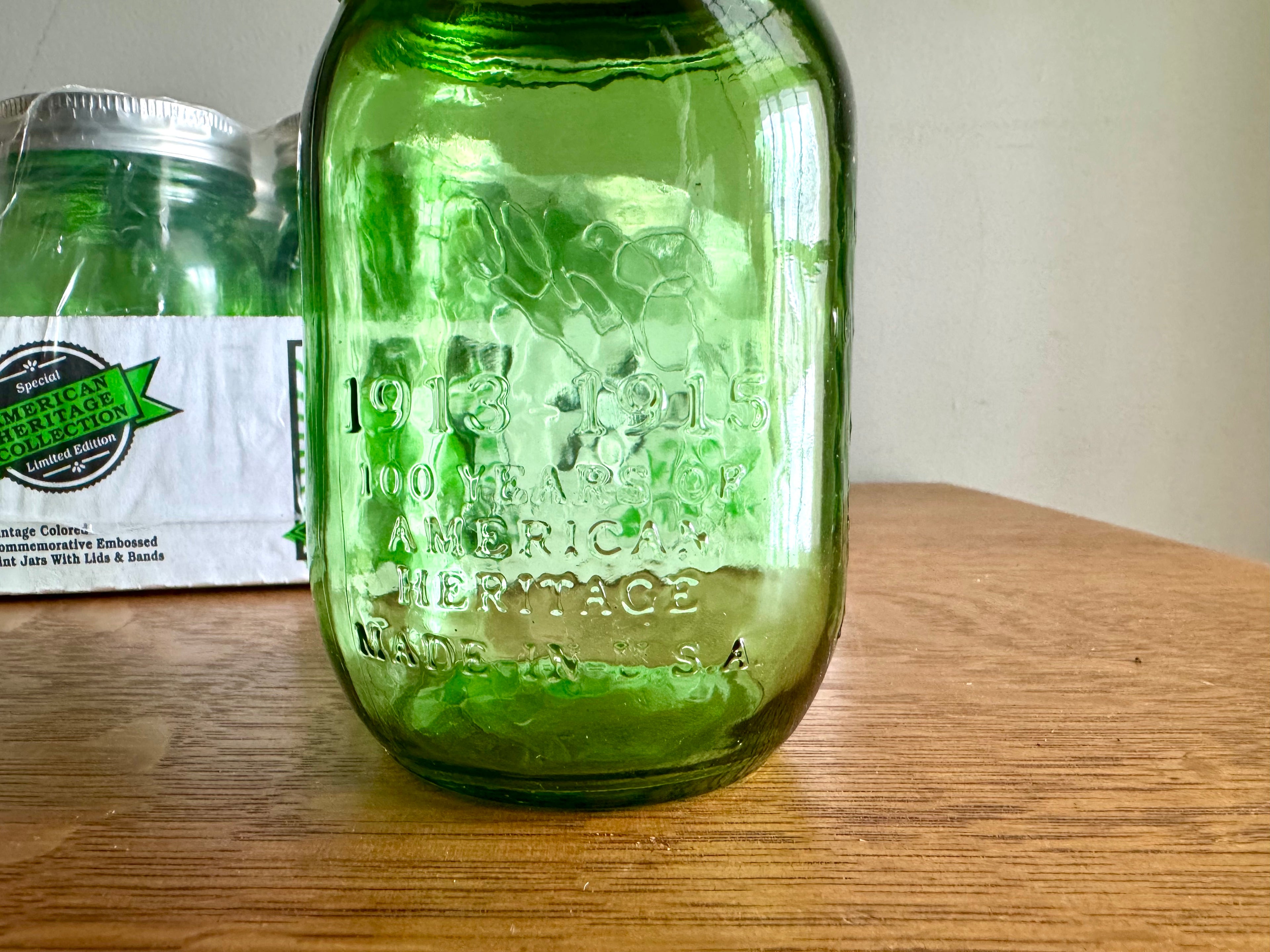 Set of 6 Vtg Style Green Ball Pint Jars | 100 Anniversary Green Pint Embossed Jars