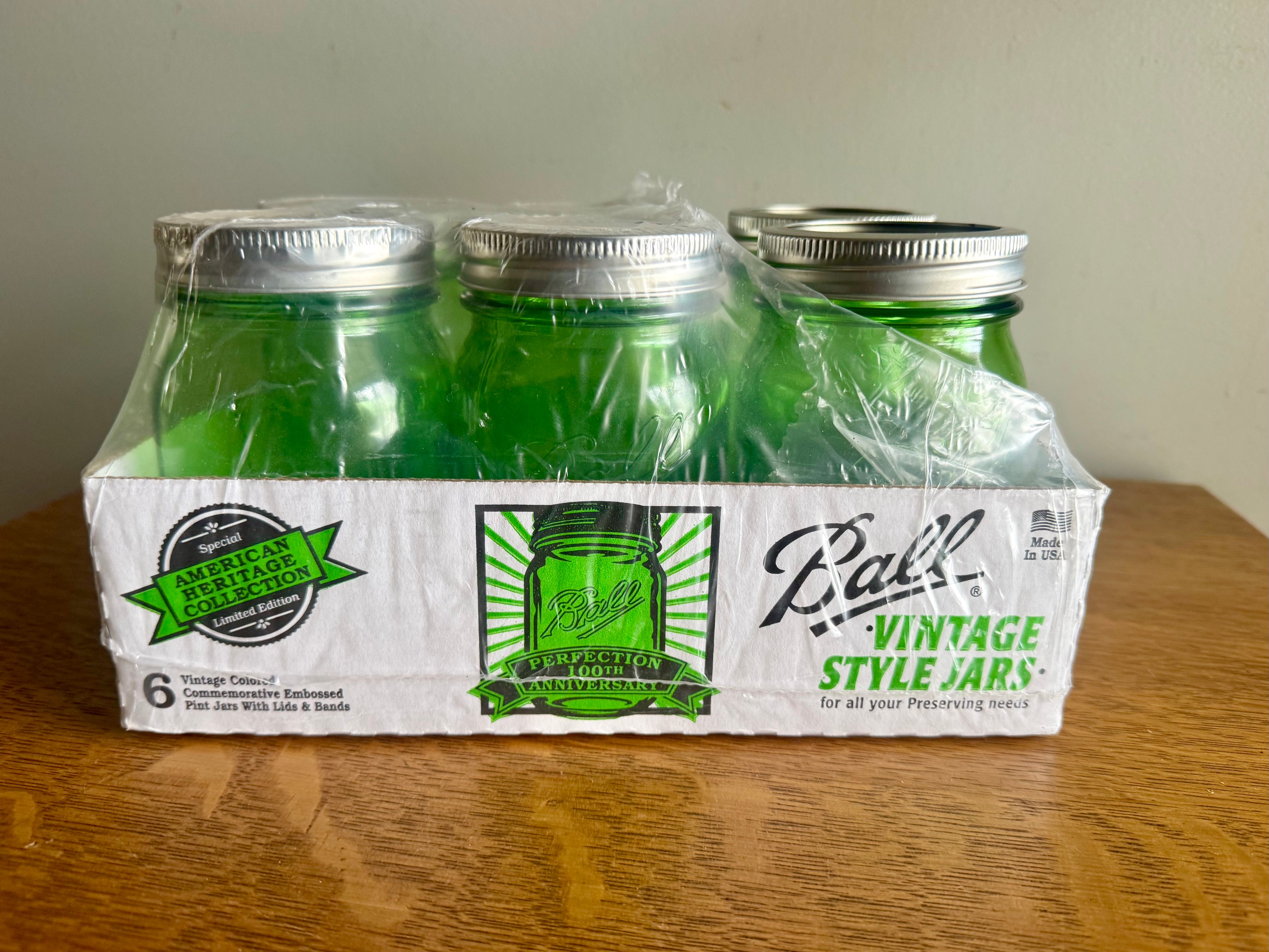 Set of 6 Vtg Style Green Ball Pint Jars | 100 Anniversary Green Pint Embossed Jars