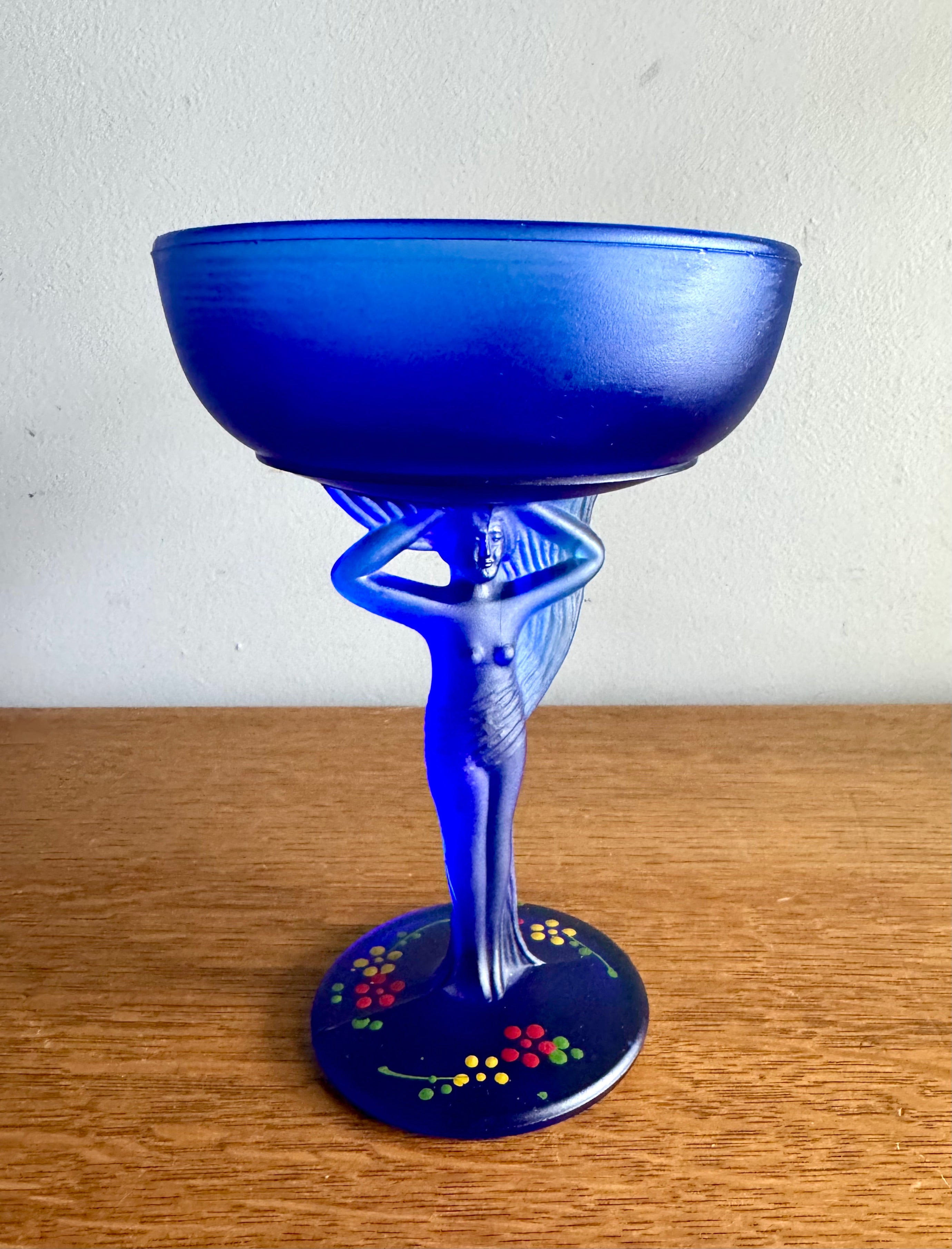 Vtg Compote Nude Carrie L.E. Smith Frosted Cobolt Glass | Cobalt Blue Glass Powder Jar