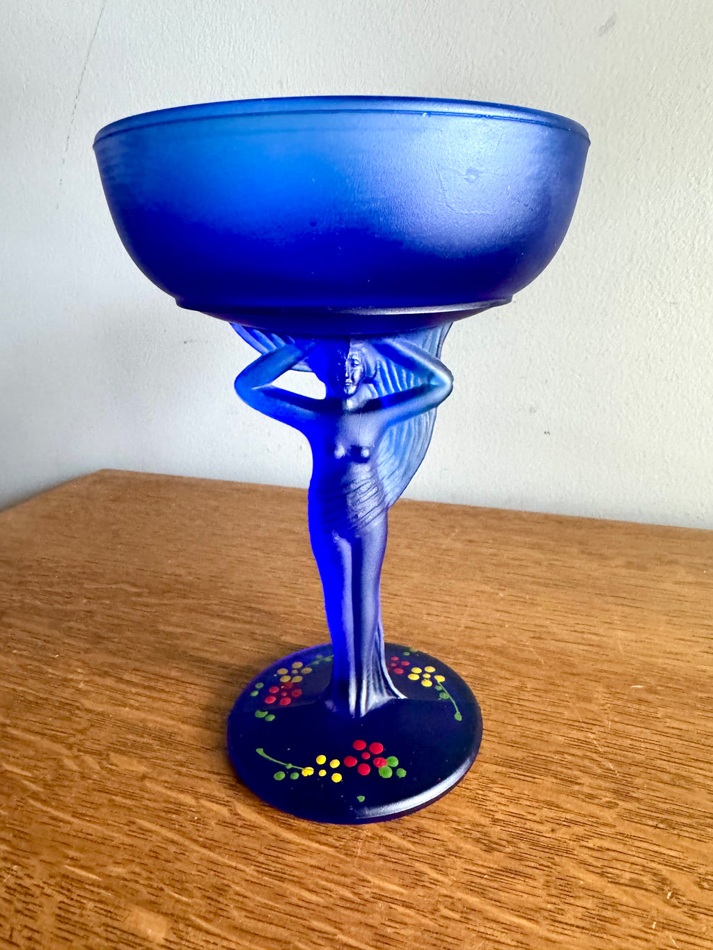 Vtg Compote Nude Carrie L.E. Smith Frosted Cobolt Glass | Cobalt Blue Glass Powder Jar