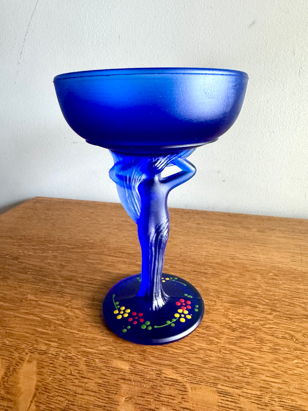 Vtg Compote Nude Carrie L.E. Smith Frosted Cobolt Glass | Cobalt Blue Glass Powder Jar