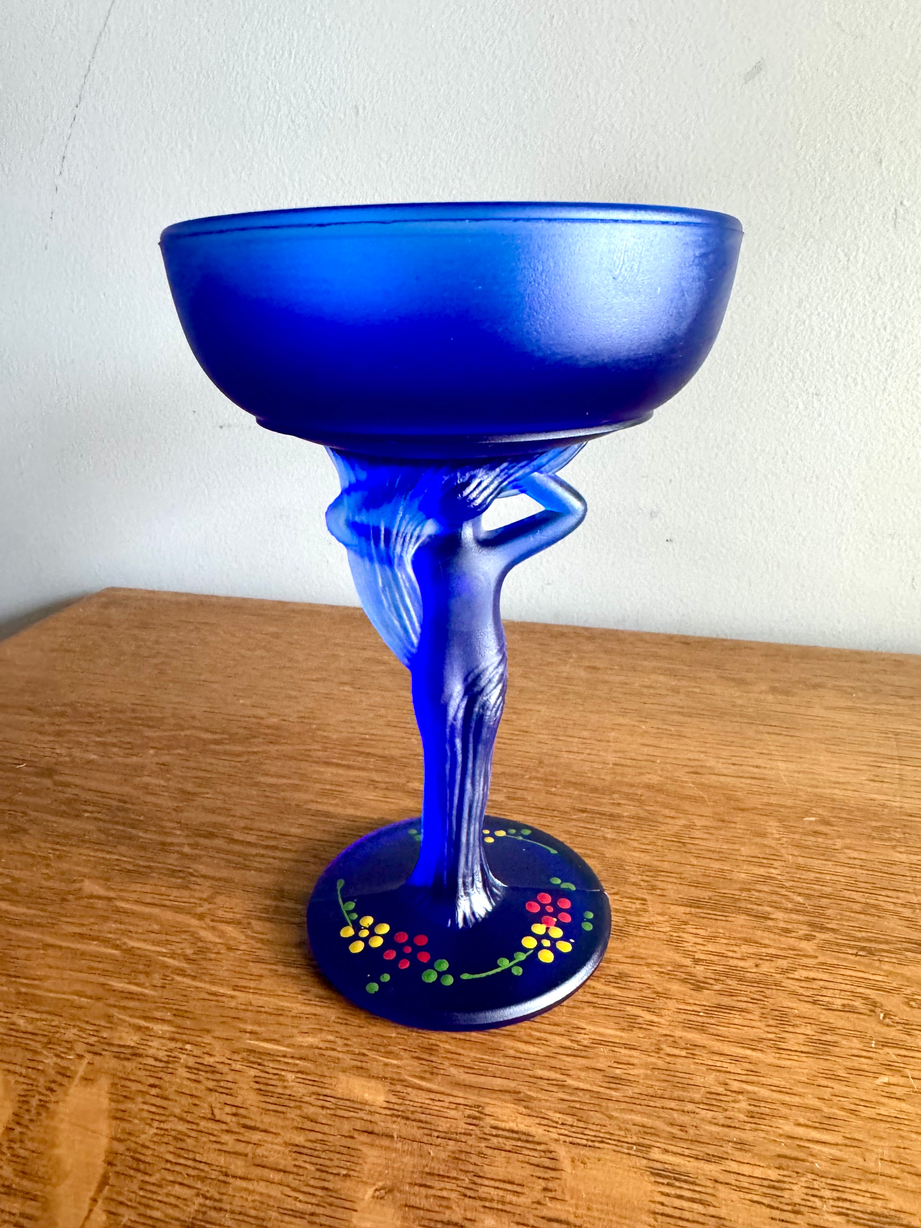 Vtg Compote Nude Carrie L.E. Smith Frosted Cobolt Glass | Cobalt Blue Glass Powder Jar
