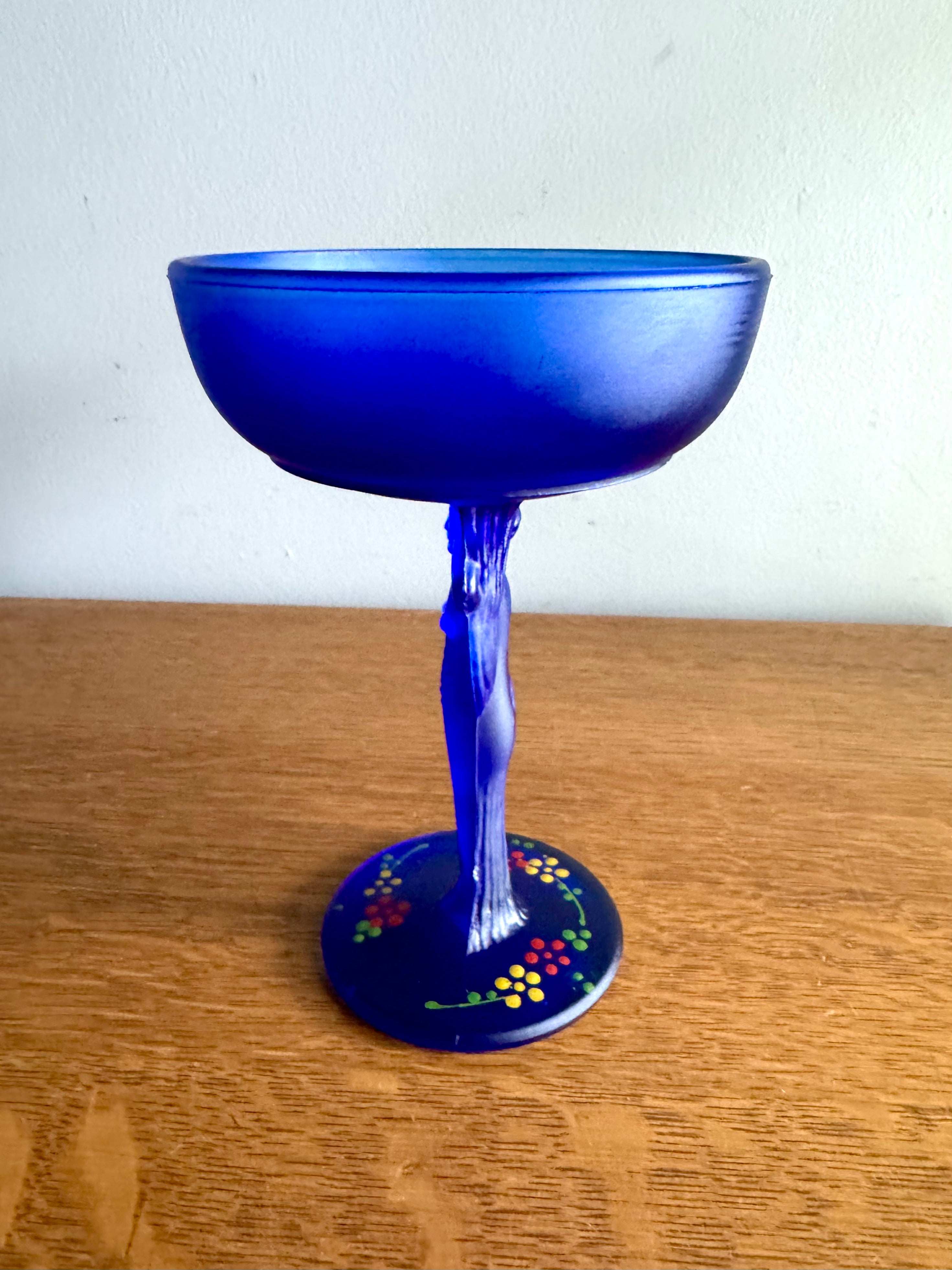 Vtg Compote Nude Carrie L.E. Smith Frosted Cobolt Glass | Cobalt Blue Glass Powder Jar