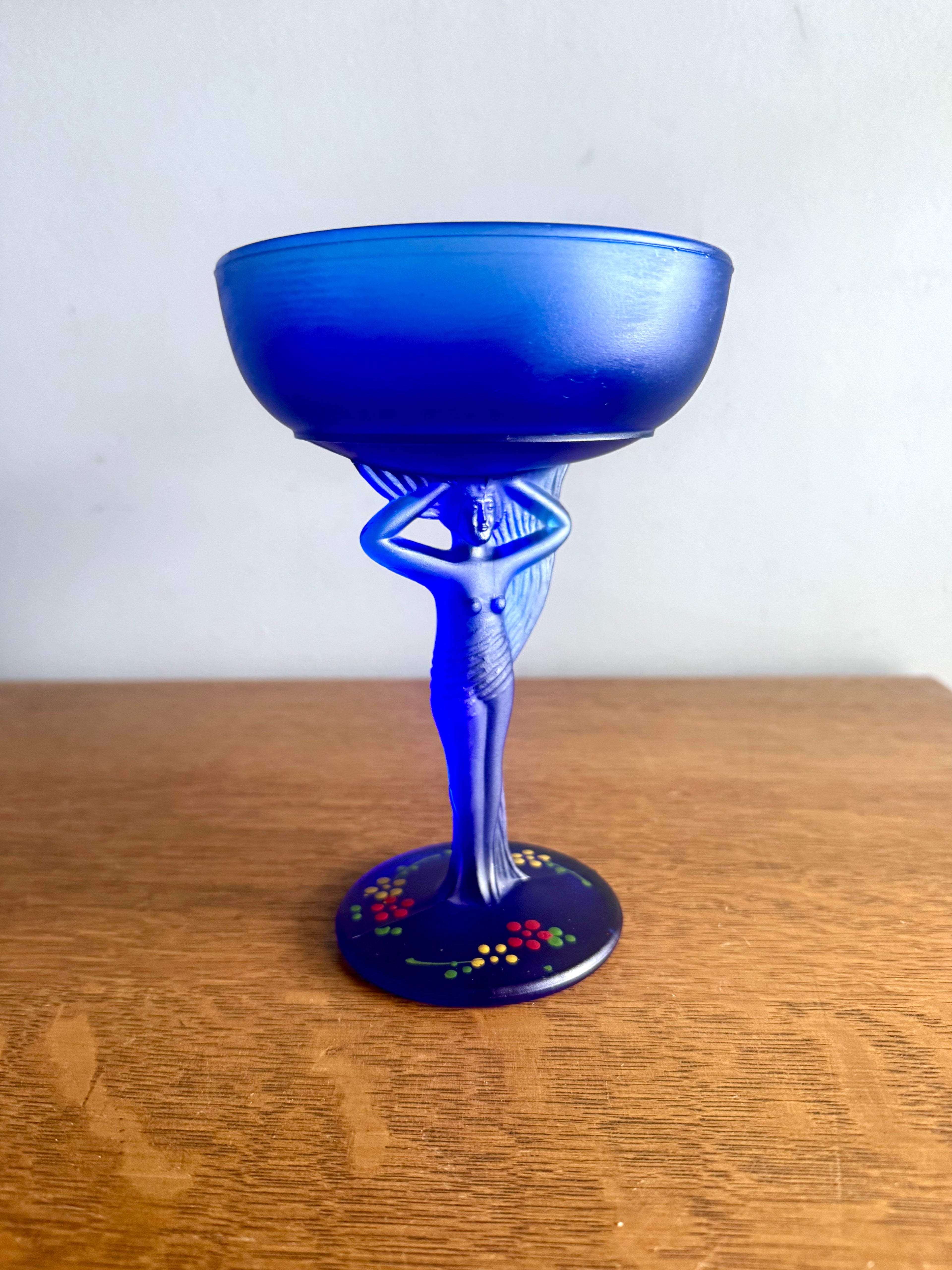 Vtg Compote Nude Carrie L.E. Smith Frosted Cobolt Glass | Cobalt Blue Glass Powder Jar